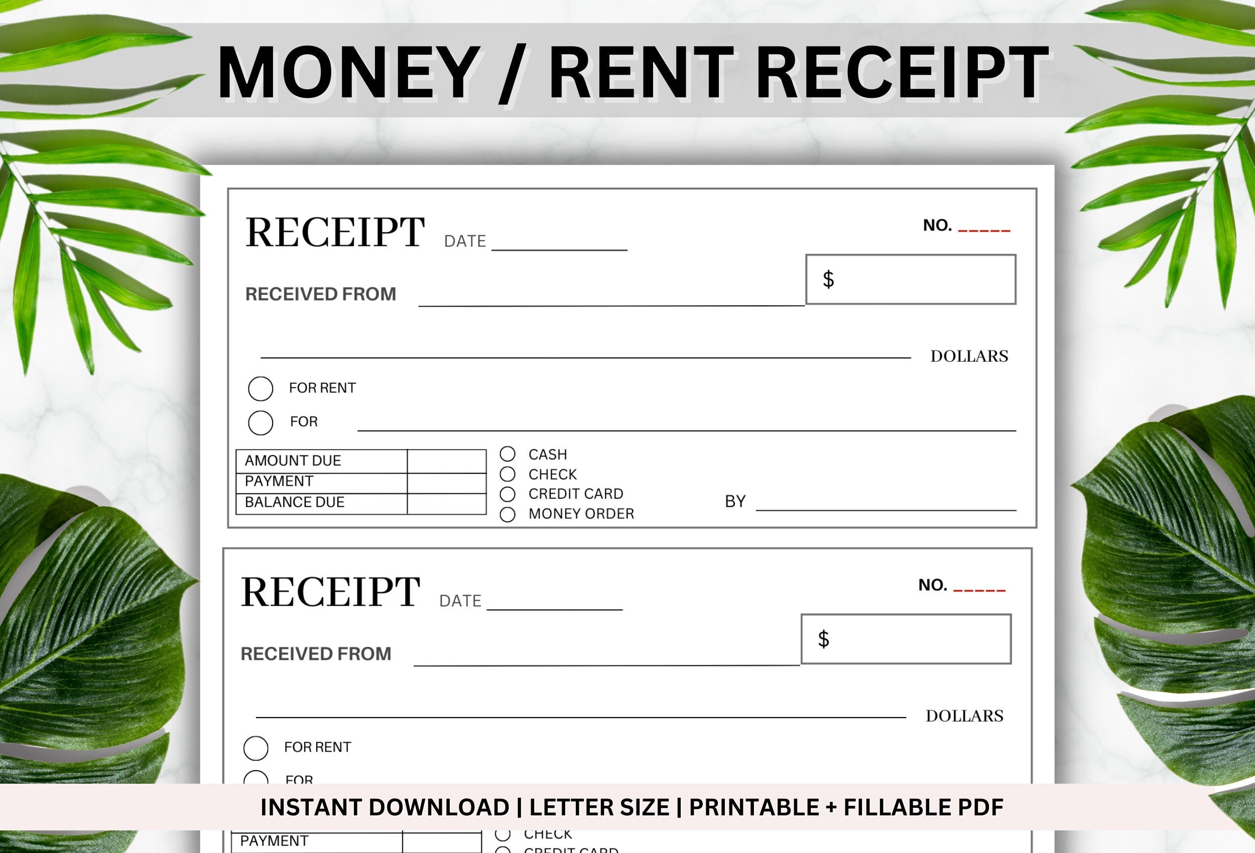 PRINTABLE Money or Rent Receipt | Cash Receipt | Sales Receipt | Business Receipt | Rental Receipt | Printable Receipt | Receipt Form | PDF