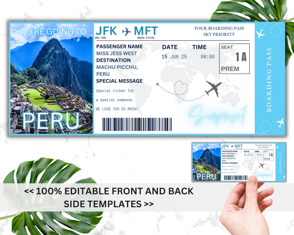 EDITABLE Peru Surprise Boarding Ticket Template Pass, Peru Canva Boarding Pass, Plane Ticket to Ride Vacation Trip Flight Gift Coupon Vol. 1