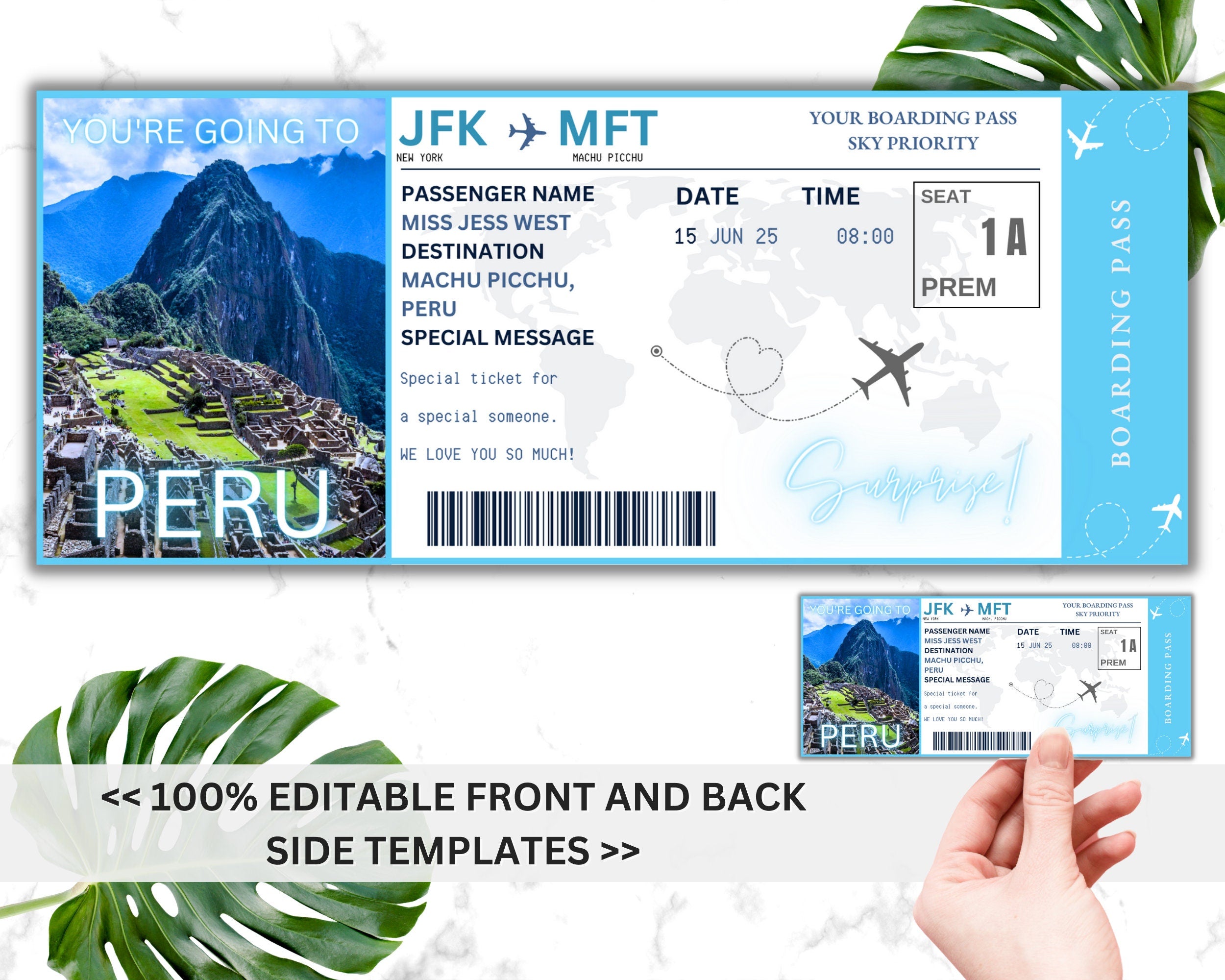 EDITABLE Peru Surprise Boarding Ticket Template Pass, Peru Canva Boarding Pass, Plane Ticket to Ride Vacation Trip Flight Gift Coupon Vol. 1