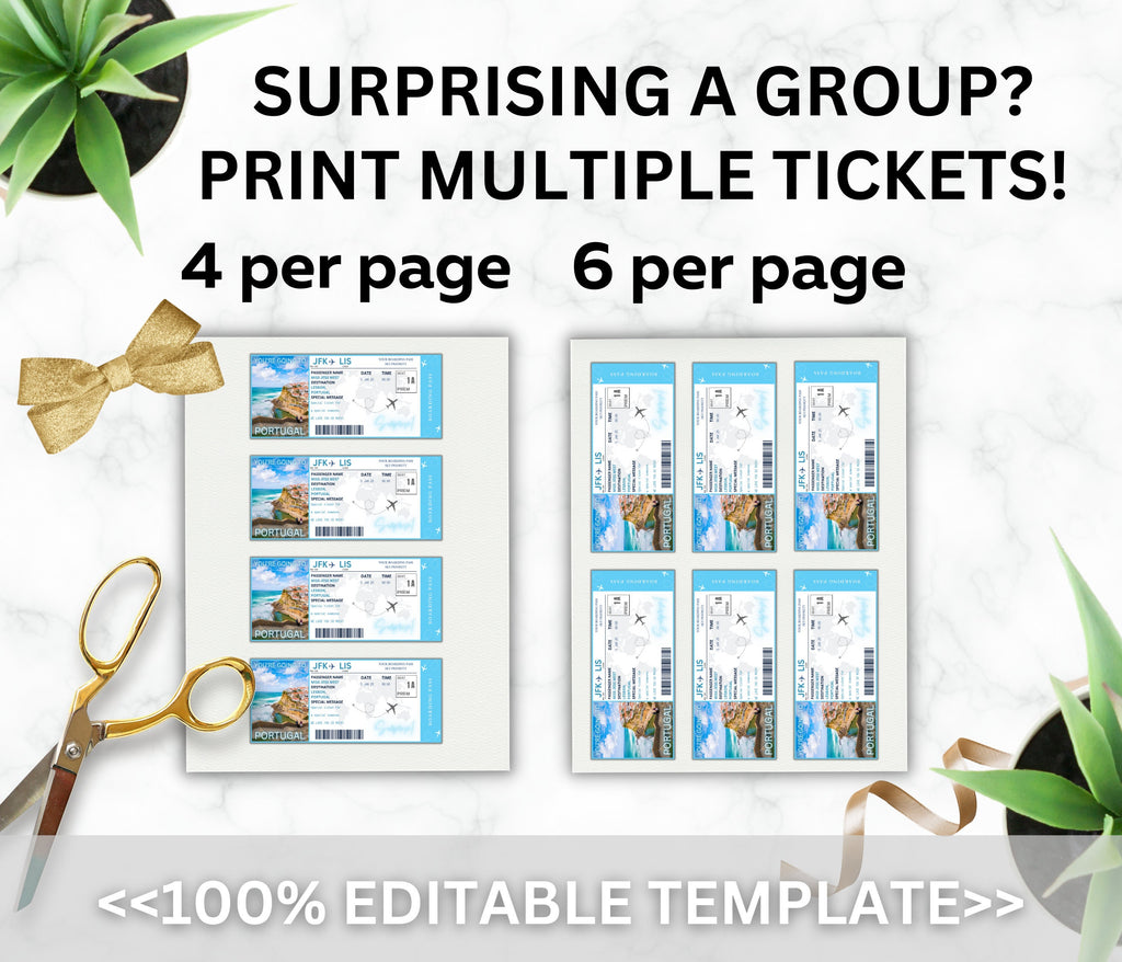 EDITABLE Surprise Portugal Boarding Ticket Template, Canva Airplane Boarding Pass, Ticket Vacation Flight Gift Fake Ticket Canva Template