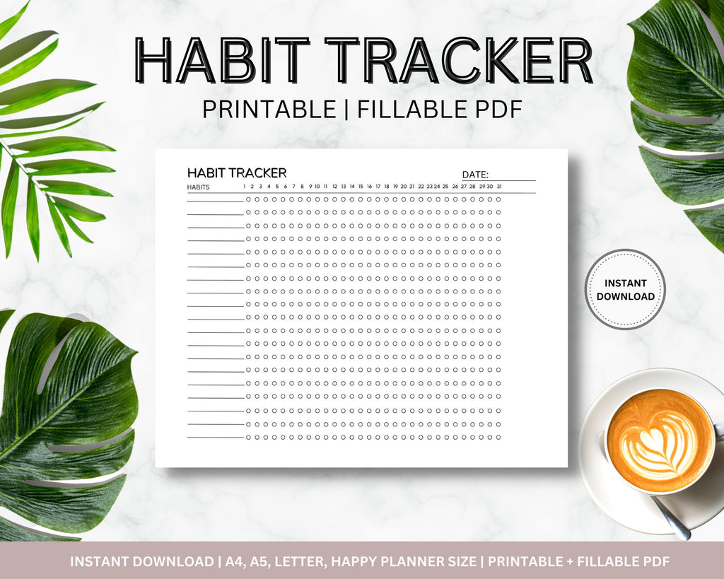 Monthly Habit Tracker Printable, A4/Letter Sizes (Instant Download PDF)