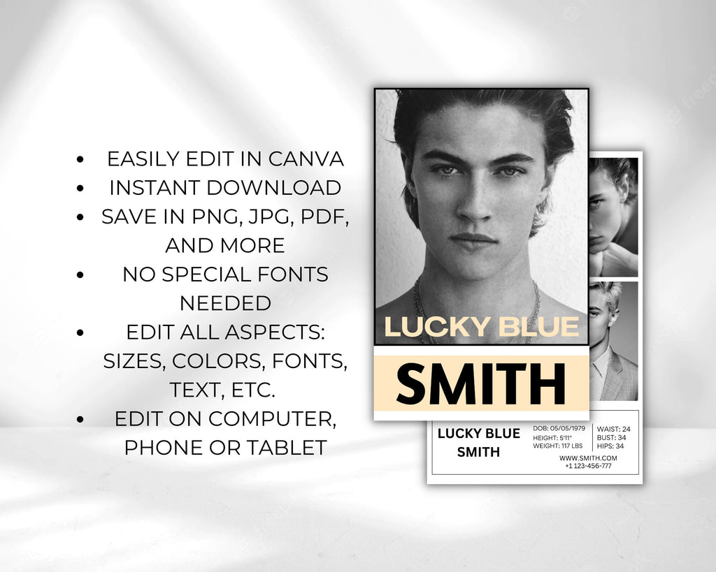 Male Model Comp Card Template, Editable Fashion Z Card (Canva)
