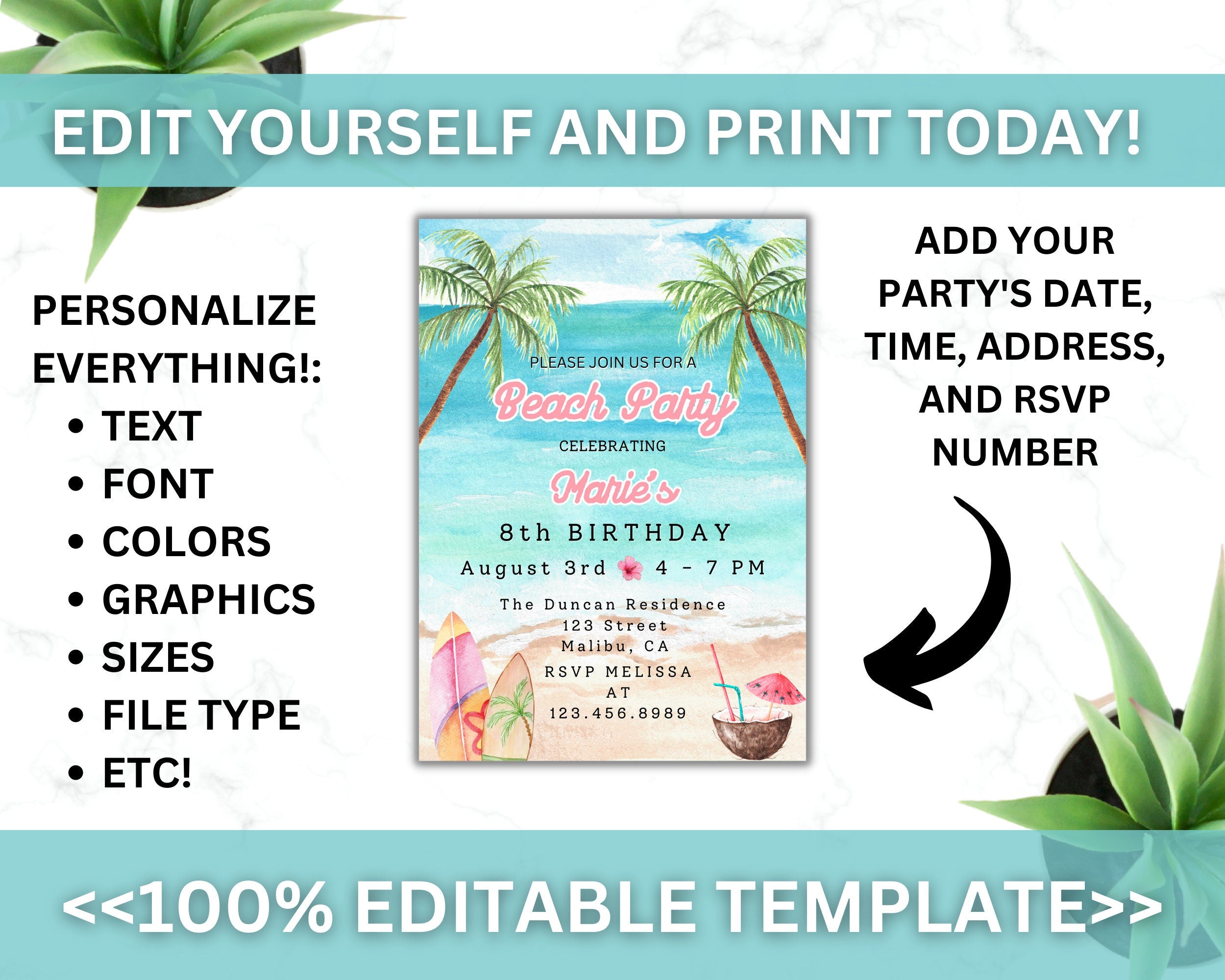 BEACH Birthday Invitation Template, Tropical Birthday Invite, Beach Birthday Invite, Itinerary Beach Palm Tree Swim Vacation DIY MARIE #001
