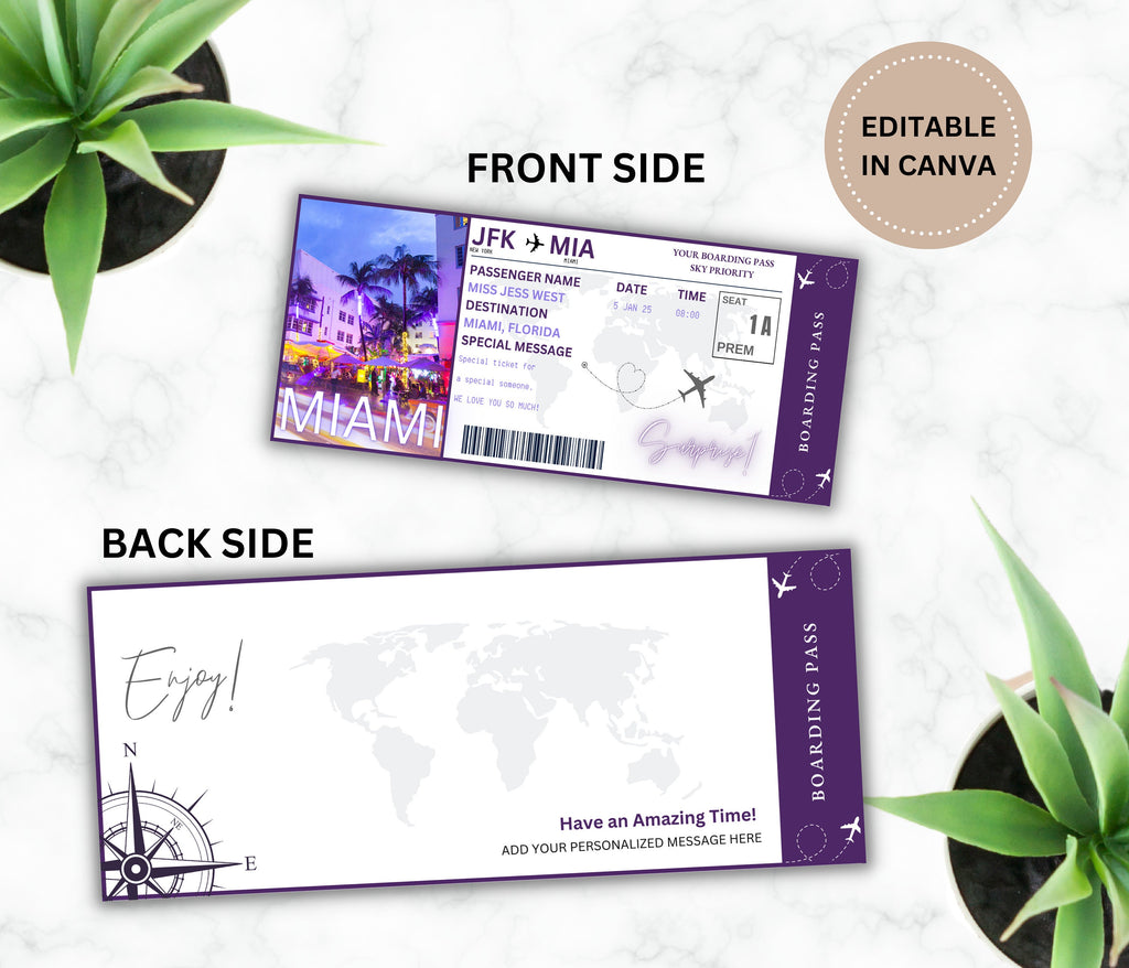 Editable Miami Boarding Pass Template, Surprise Vacation Gift (DIY Canva)