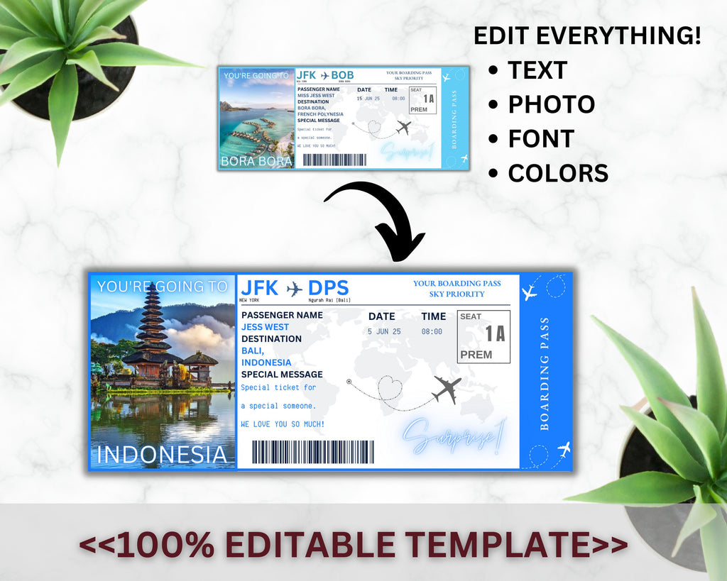 Bora Bora Surprise Boarding Pass Template, Editable Canva Flight Ticket (Digital Download)
