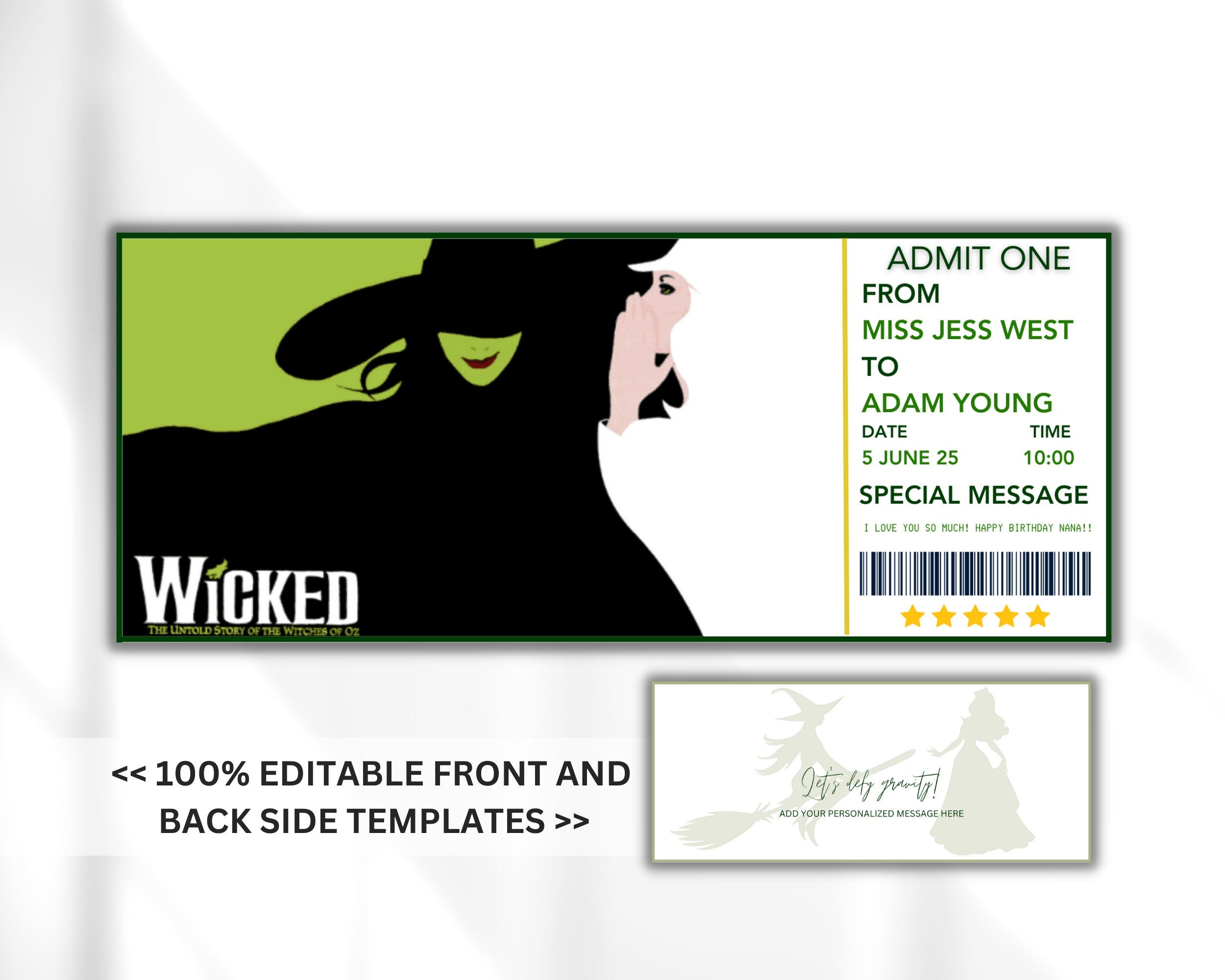 Printable Wicked Broadway Surprise Ticket, Wicked Musical Collectible Theater Ticket, Editable Musical Theatre Faux Event Admission Souvenir