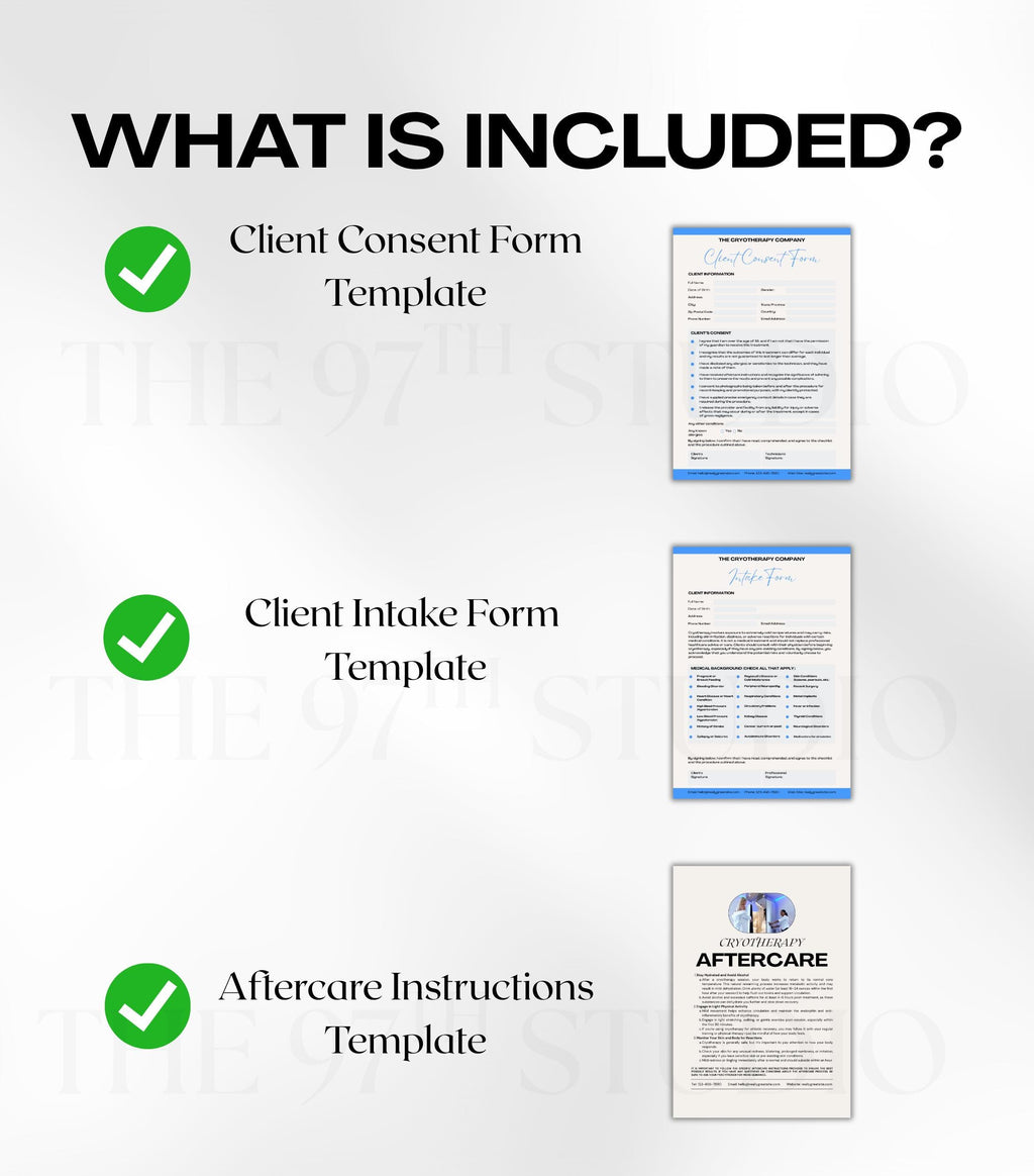 Cryotherapy Business Forms, Cryotherapy Client Intake Forms, Cryotherapy Aftercare, Consent Form, Cryotherapy Aftercare Instructions Card