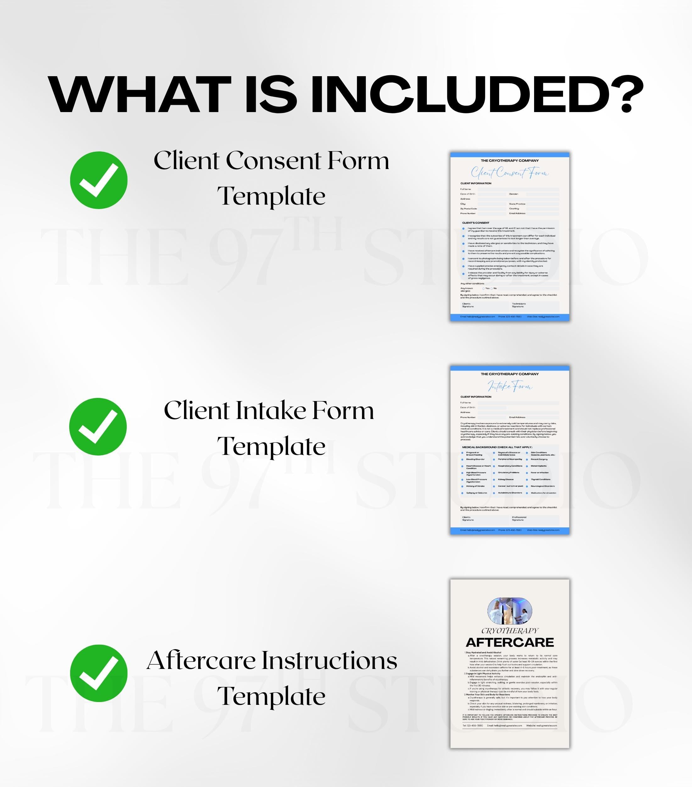 Cryotherapy Business Forms, Cryotherapy Client Intake Forms, Cryotherapy Aftercare, Consent Form, Cryotherapy Aftercare Instructions Card