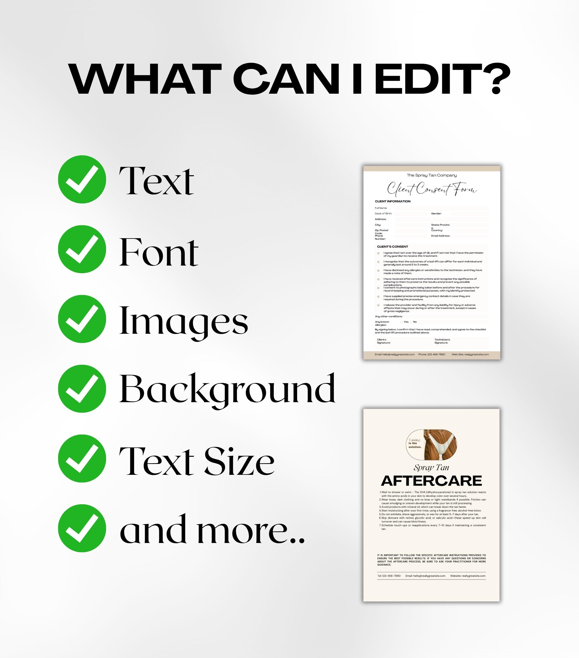 Spray Tan Business Forms, Spray Tanning Consultation Forms, Spray Tan Aftercare, Consent Form, Aftercare Cards, Spray Tan Aftercare Forms
