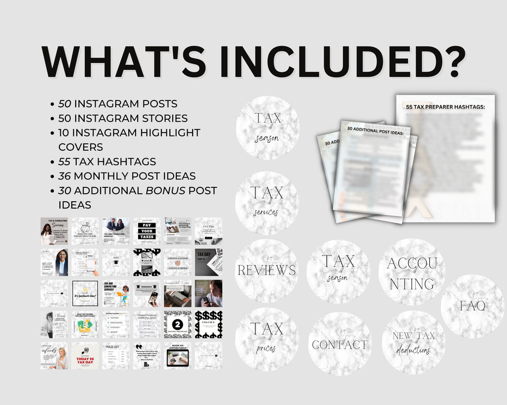Tax Preparer Instagram Template, Marble Social Media Bundle (Canva)