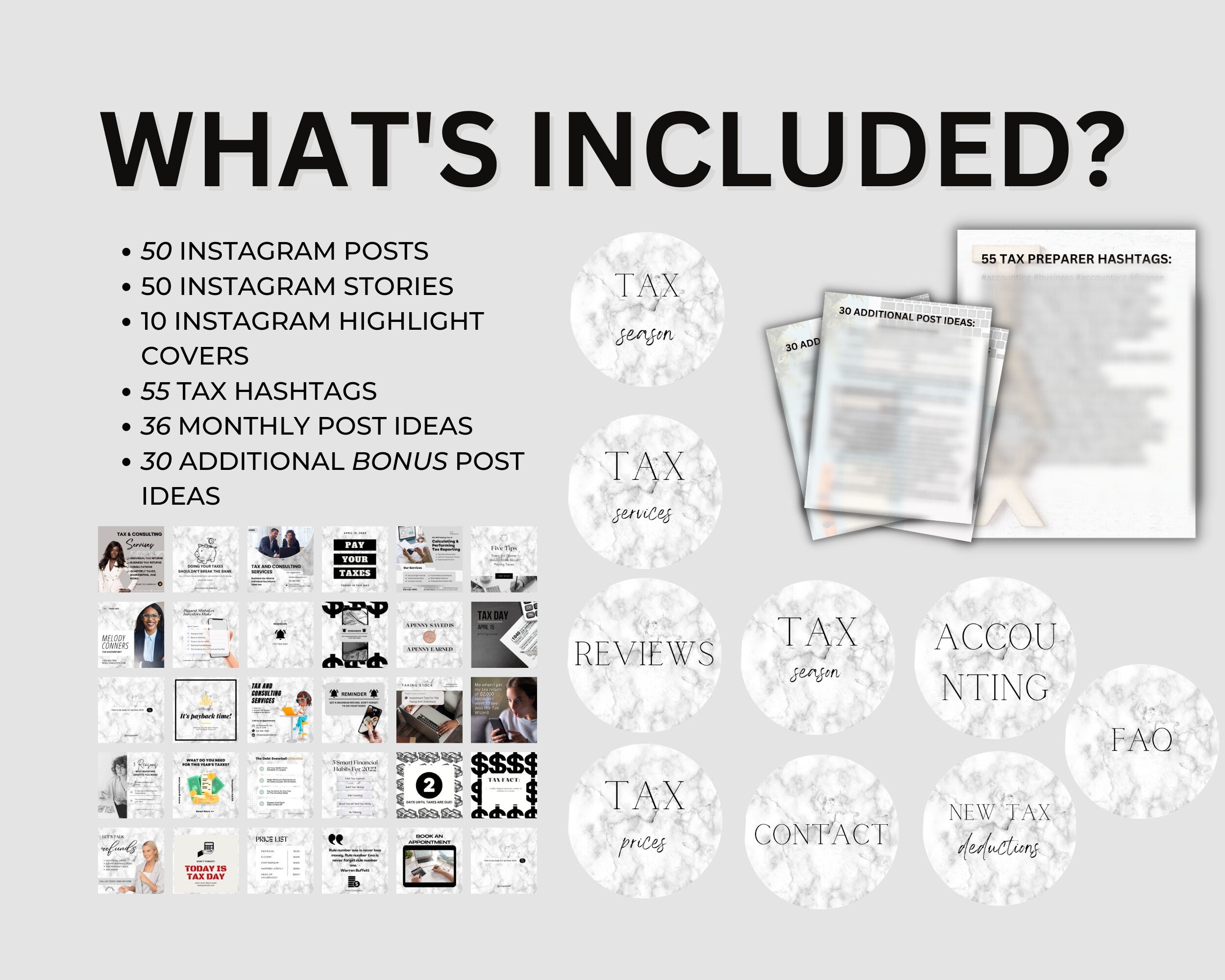Tax Preparer Instagram Template, Marble Social Media Bundle (Canva)