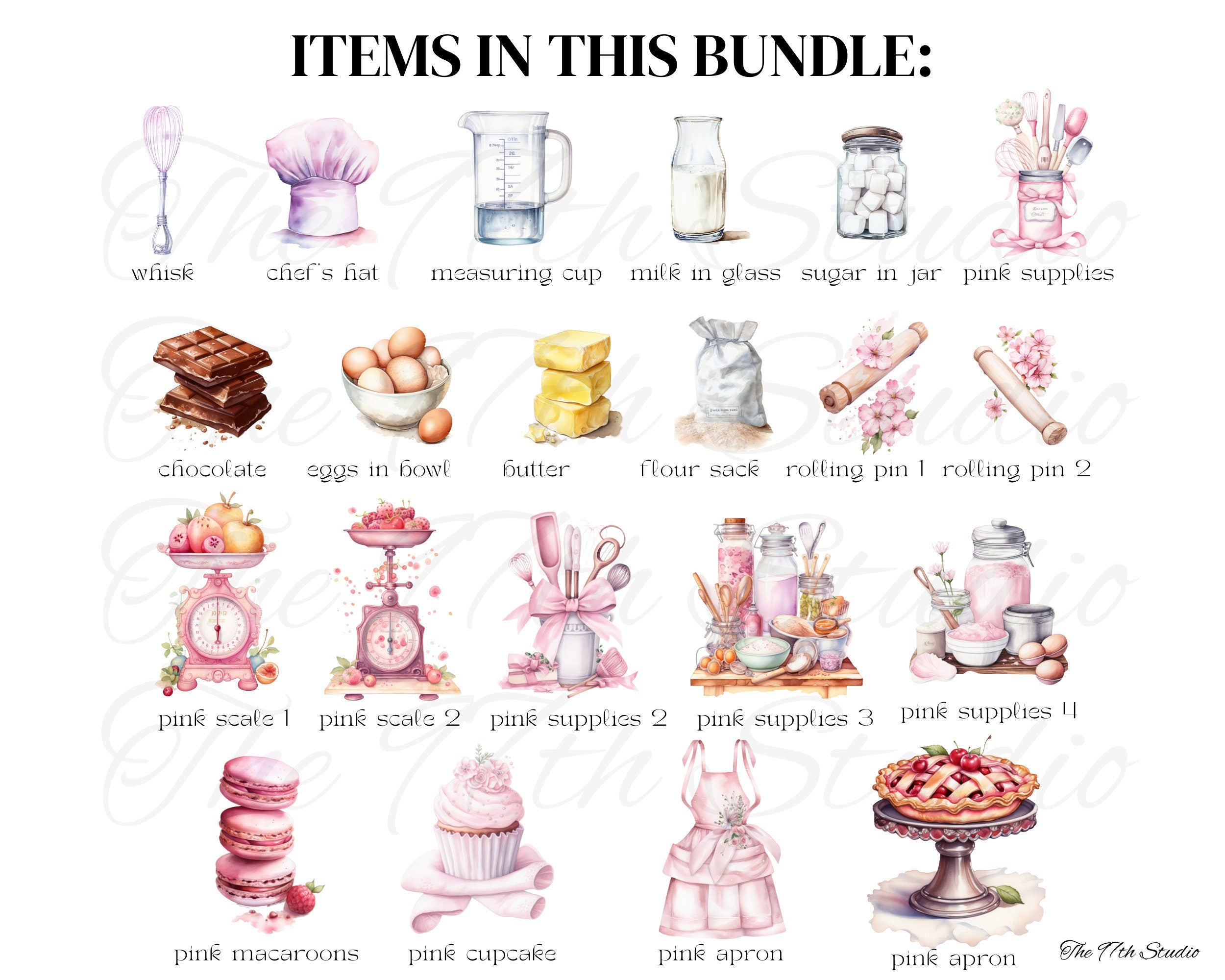 Kawaii Watercolor Bakery Clipart Bundle, Hand Drawn Bakery PNGs, Pink Pastel, Cute Baking Supplies, Scrapbooking, Sketch, Commercial Use