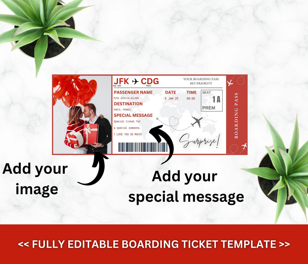 Valentine's Day Boarding Pass Template, Surprise Vacation Flight (PDF)