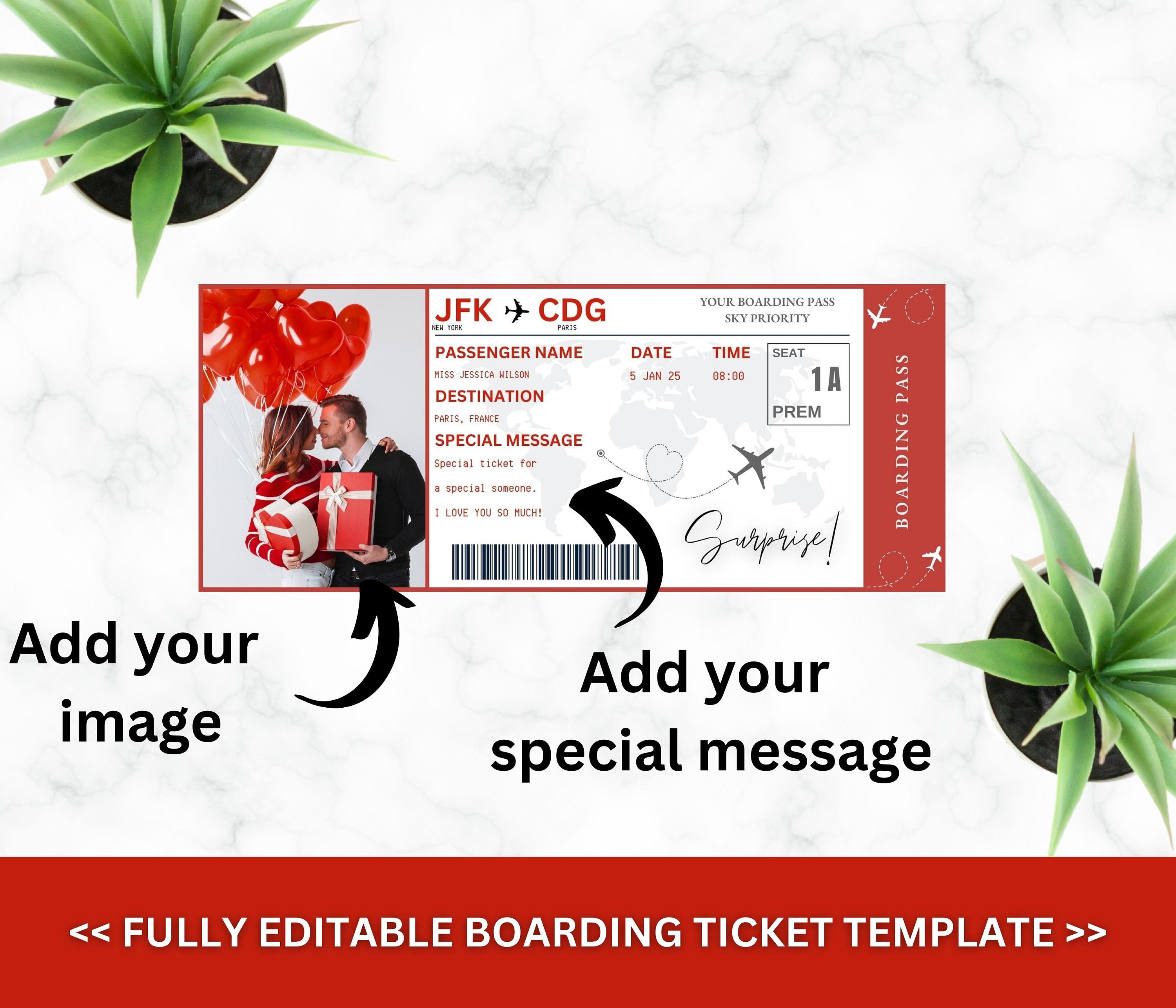 Valentine's Day Boarding Pass Template, Surprise Vacation Flight (PDF)