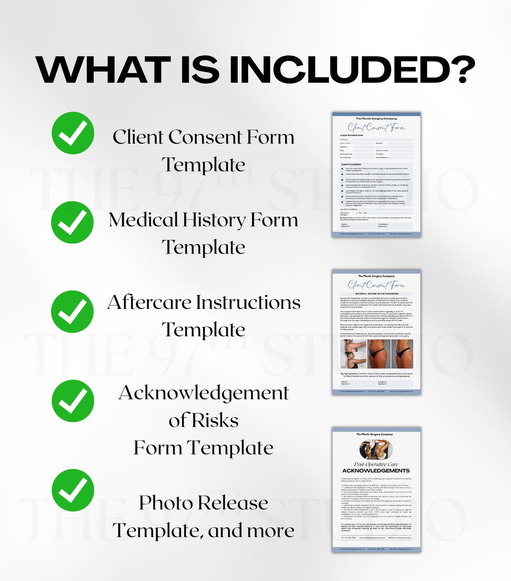LIPOSUCTION Forms Bundle, Plastic Surgery Client Intake, Consent, Photo Release, Aftercare Forms (Canva Template) Medical Form Templates
