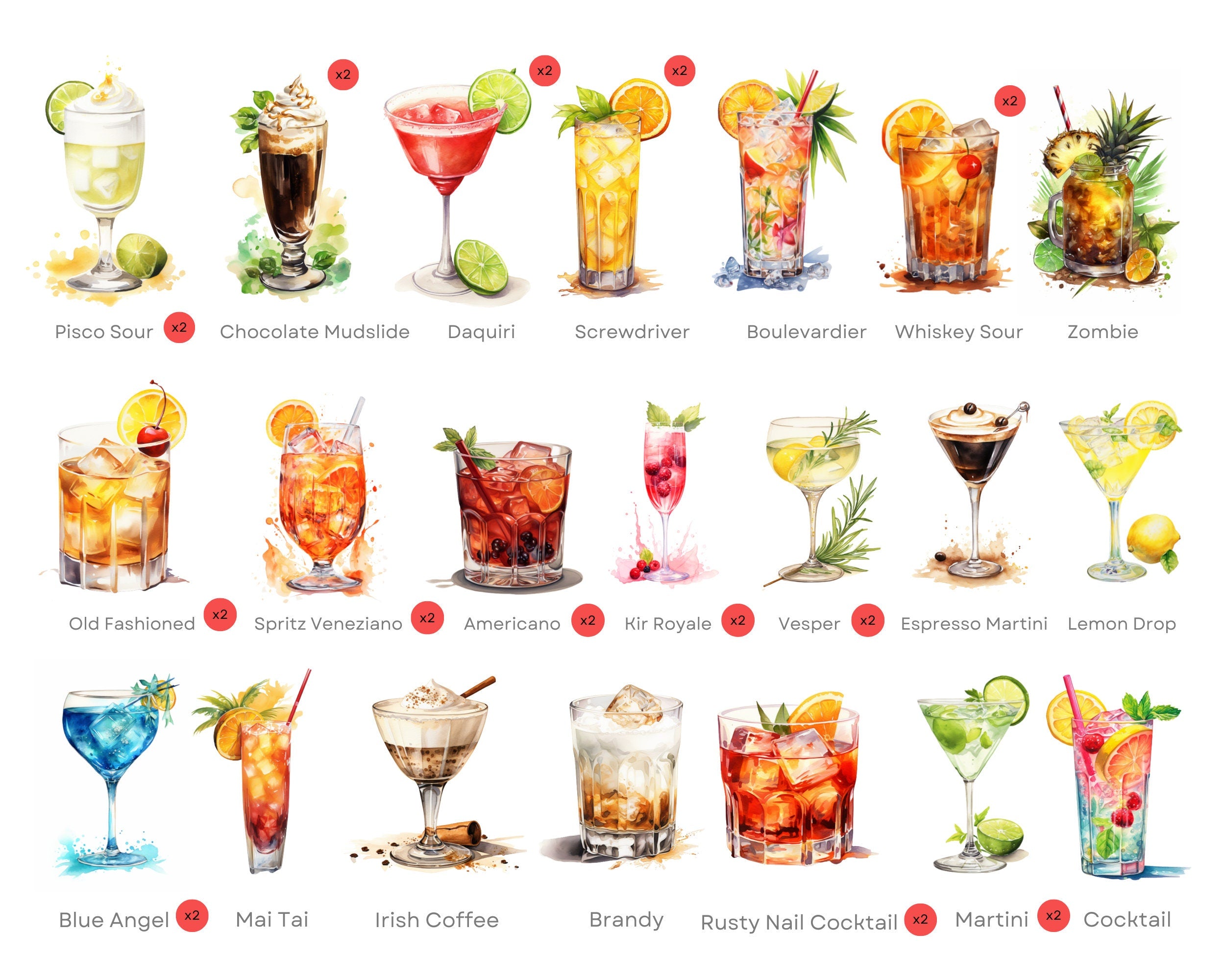 Watercolor Cocktail Clipart, Summer Drinks, Bar Menu Graphics (105 PNG)