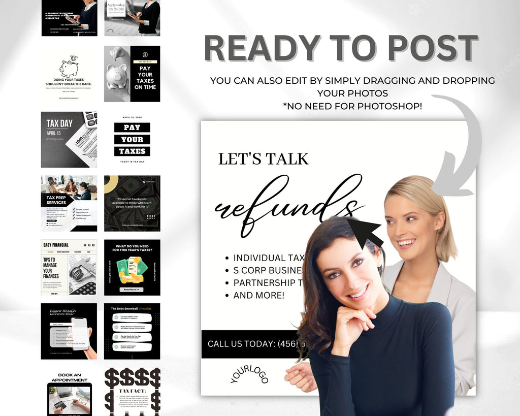 Tax Preparer Instagram Template Social Media BUNDLE, Tax Preparation Accounting Posts,Tax Prep Flyer,DIY Tax Posts,Tax prep engagement post
