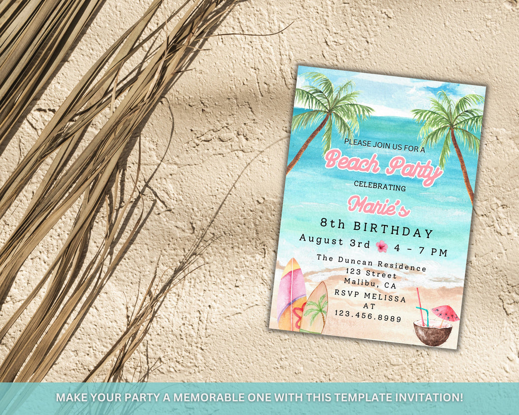BEACH Birthday Invitation Template, Tropical Birthday Invite, Beach Birthday Invite, Itinerary Beach Palm Tree Swim Vacation DIY MARIE #001