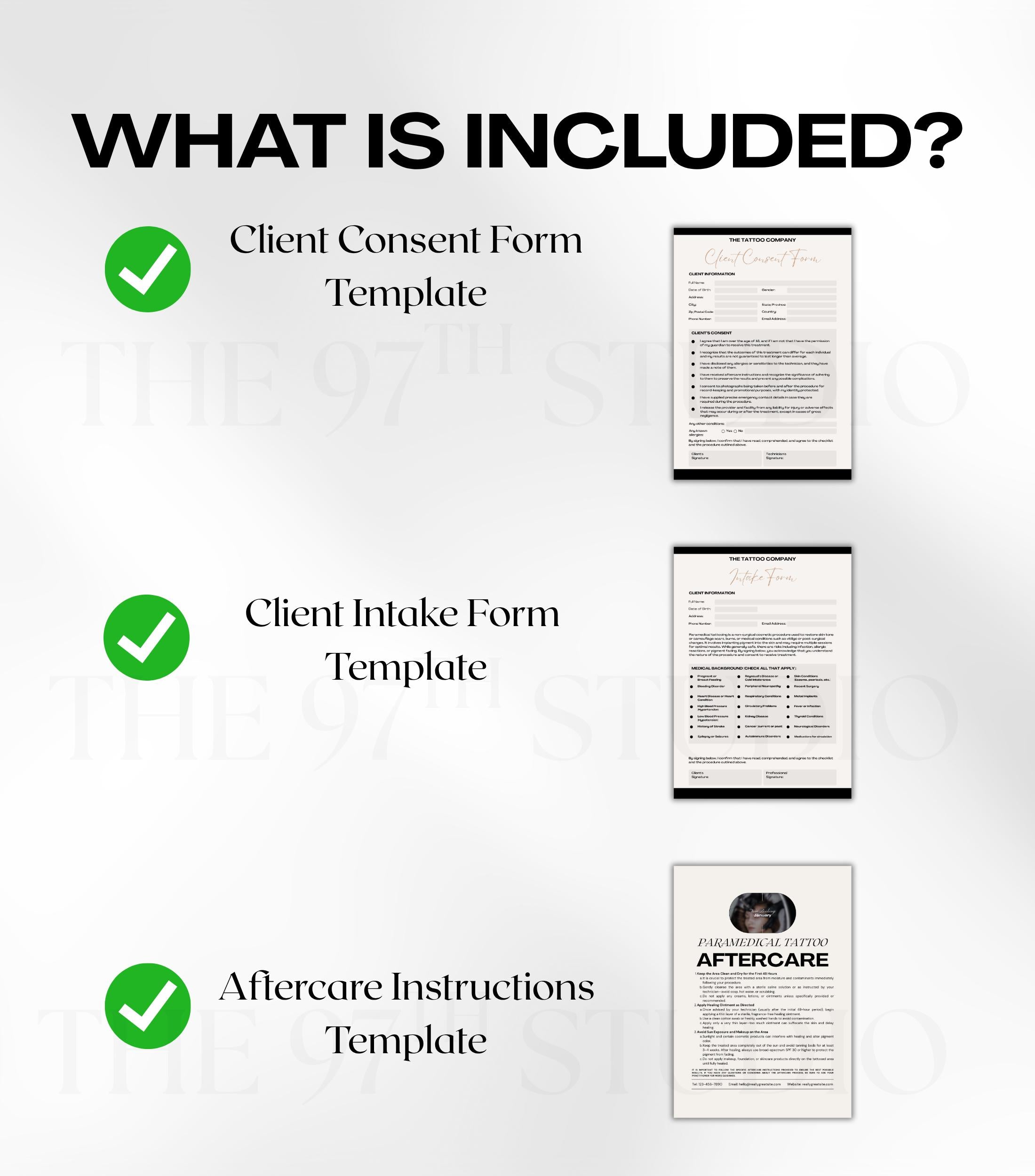 Paramedical Tattoo Business Forms, Paramedical Tattoo Client Intake Forms, Paramedical Tattoo Aftercare, Consent Form, Tattoo Aftercare Card