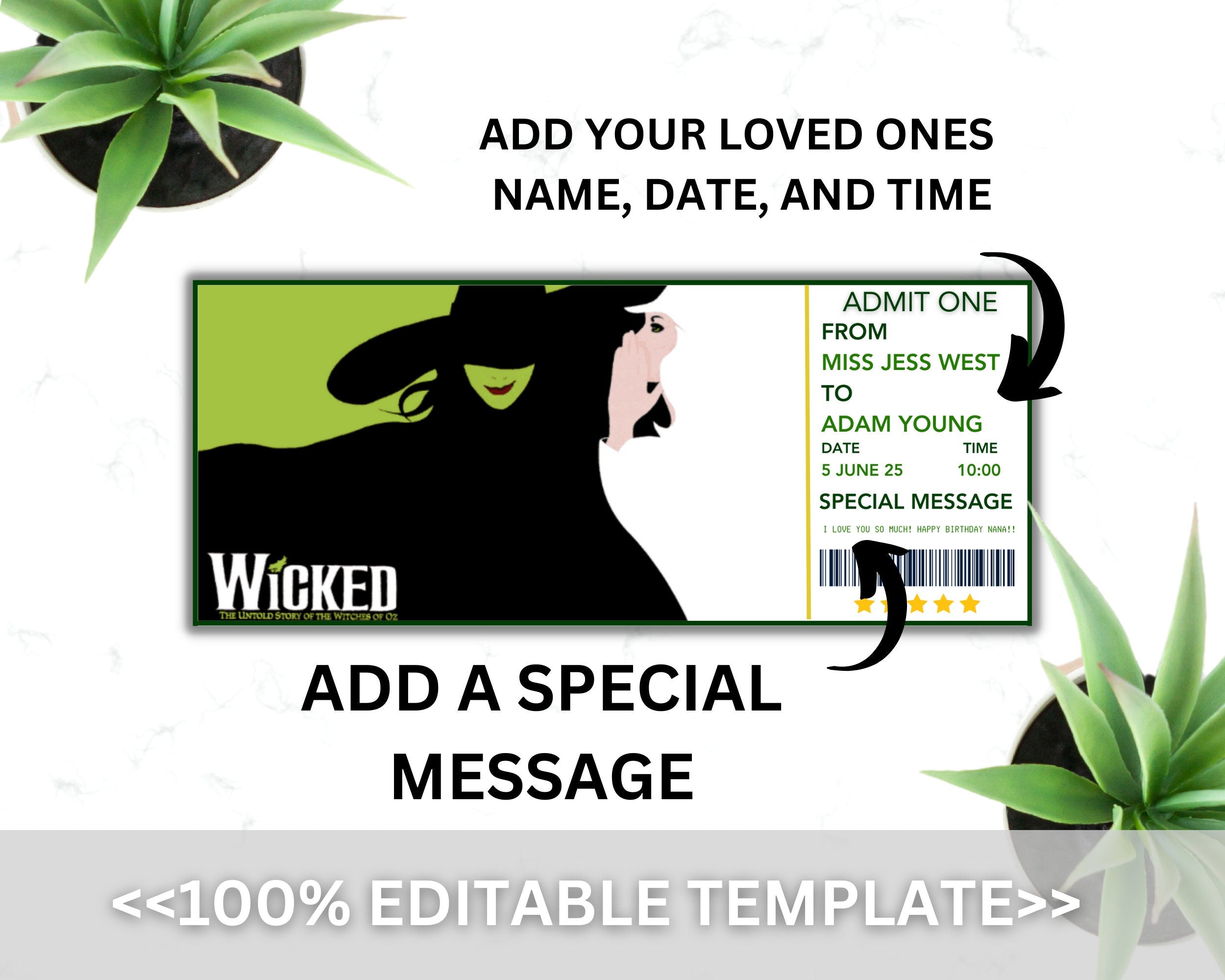 Printable Wicked Broadway Surprise Ticket, Wicked Musical Collectible Theater Ticket, Editable Musical Theatre Faux Event Admission Souvenir