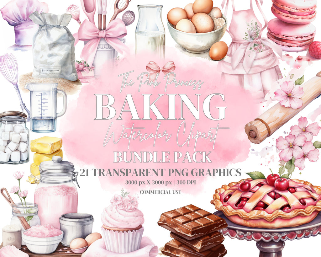 Kawaii Watercolor Bakery Clipart Bundle, Hand Drawn Bakery PNGs, Pink Pastel, Cute Baking Supplies, Scrapbooking, Sketch, Commercial Use