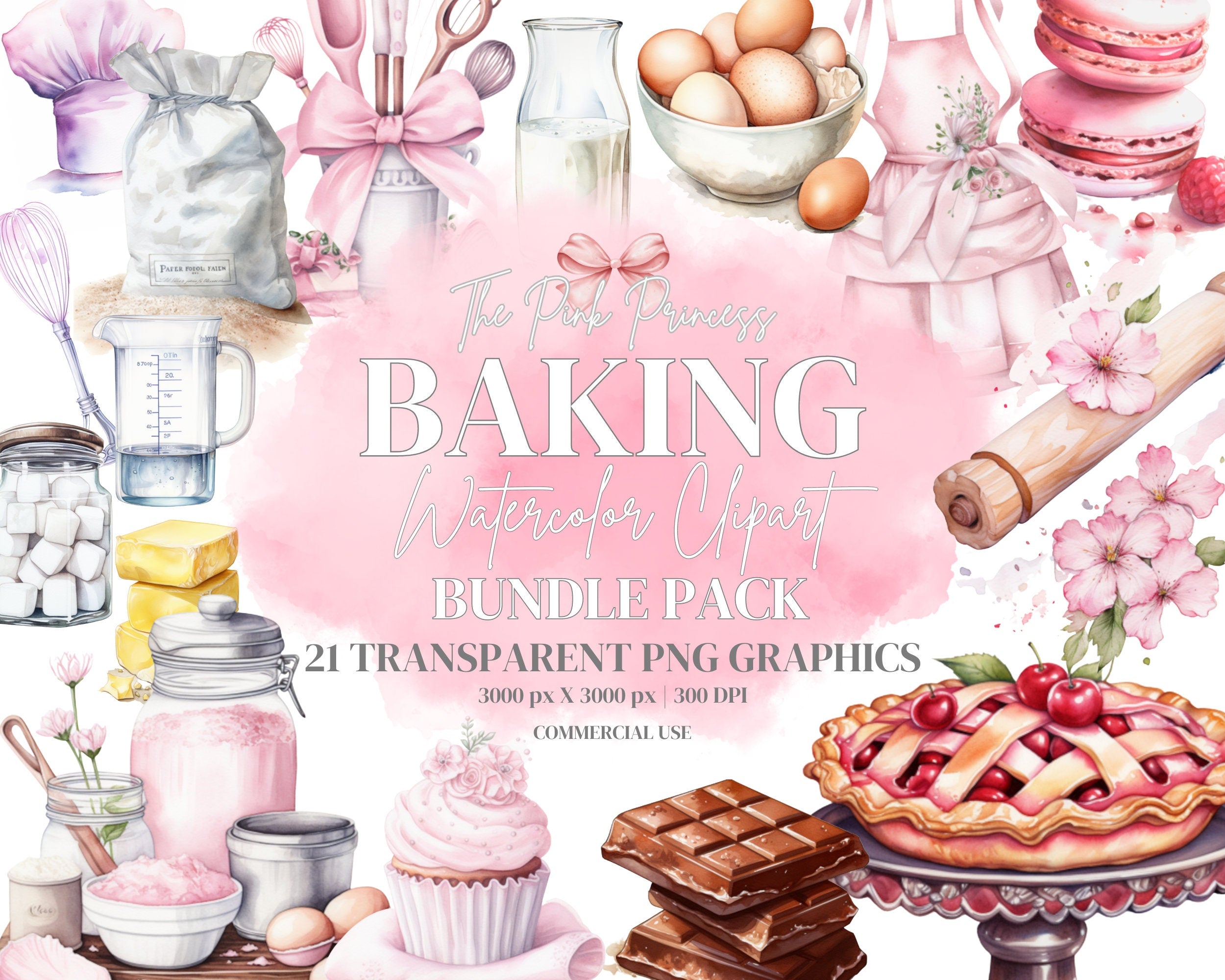 Kawaii Watercolor Bakery Clipart Bundle, Hand Drawn Bakery PNGs, Pink Pastel, Cute Baking Supplies, Scrapbooking, Sketch, Commercial Use