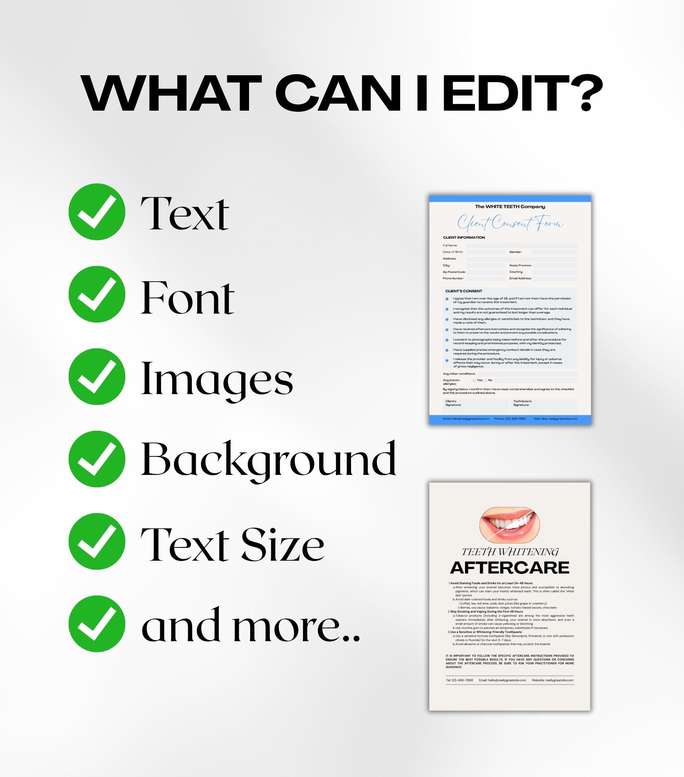 Teeth Whitening Business Forms, Teeth Whitening Consultation Forms, Teeth Whitening Aftercare, Consent Form, Aftercare Instructions