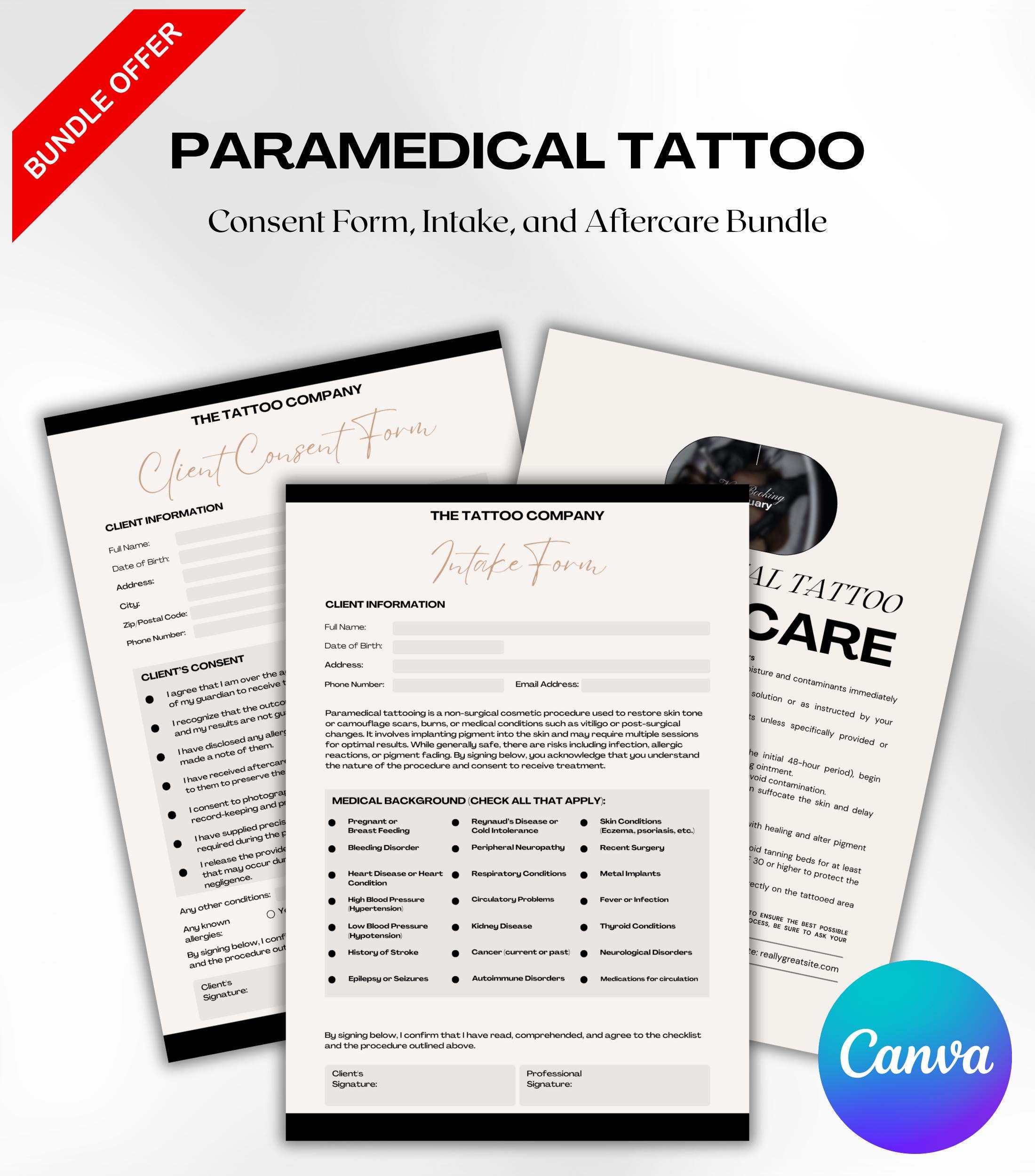 Paramedical Tattoo Business Forms, Paramedical Tattoo Client Intake Forms, Paramedical Tattoo Aftercare, Consent Form, Tattoo Aftercare Card