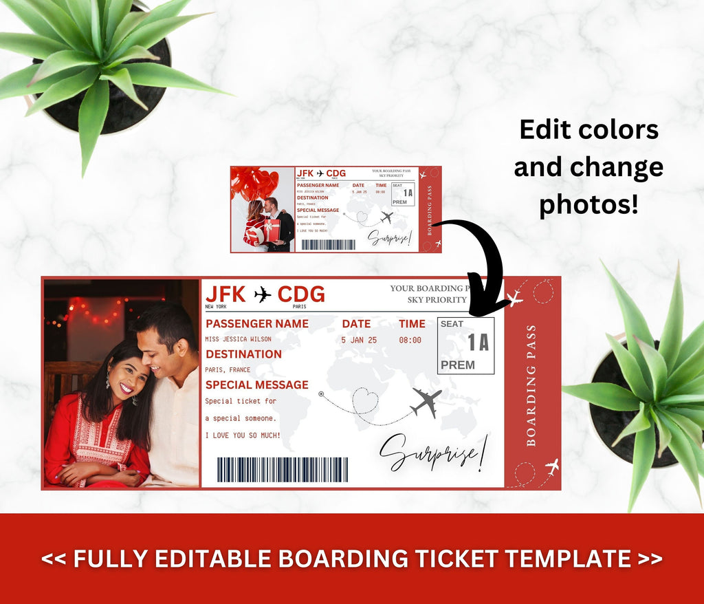 Valentine's Day Boarding Pass Template, Surprise Vacation Flight (PDF)