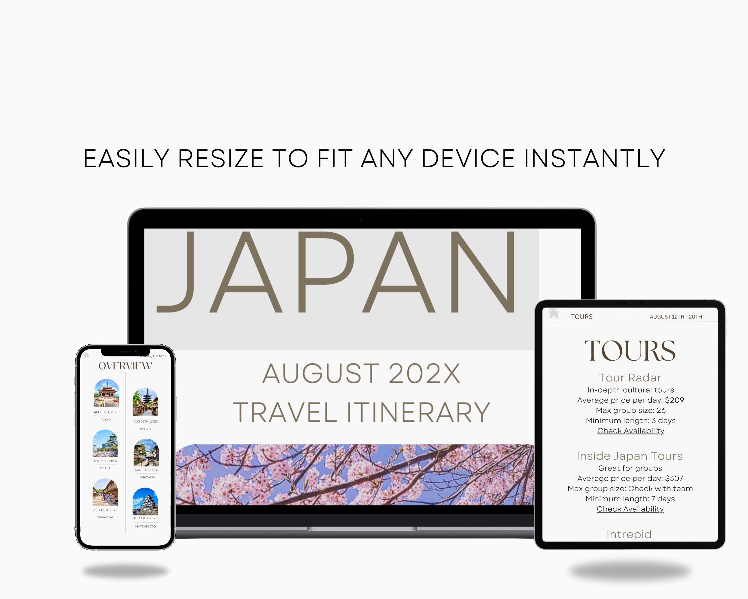 JAPAN Travel Itinerary Template Modern Minimal Boho, iPad, Tablet, Editable on Canva, Printable, Digital Template Download, Traveling