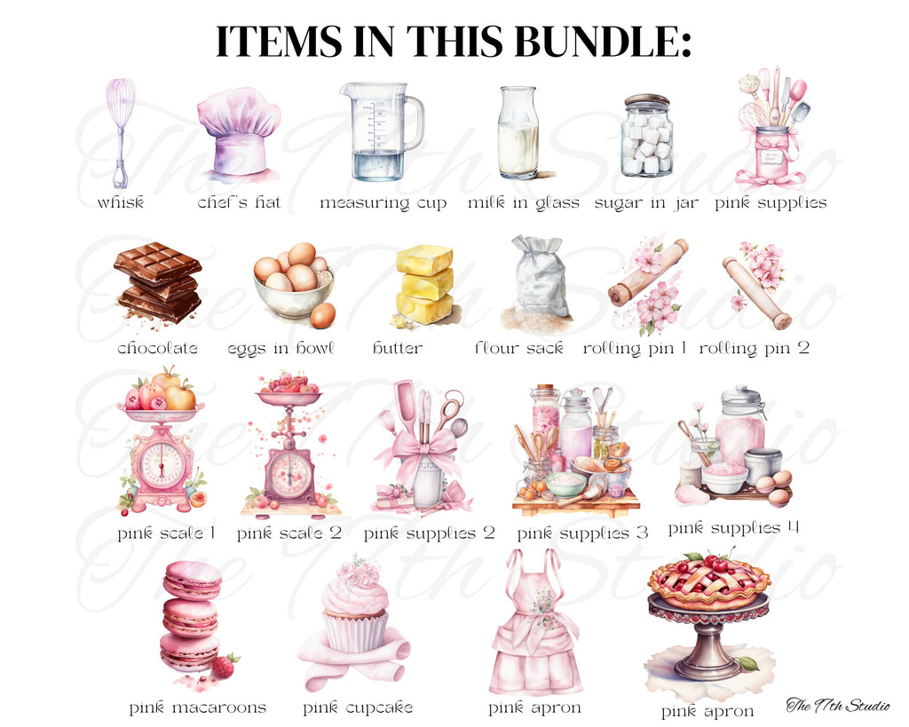 Kawaii Watercolor Bakery Clipart Bundle, Hand Drawn Bakery PNGs, Pink Pastel, Cute Baking Supplies, Scrapbooking, Sketch, Commercial Use