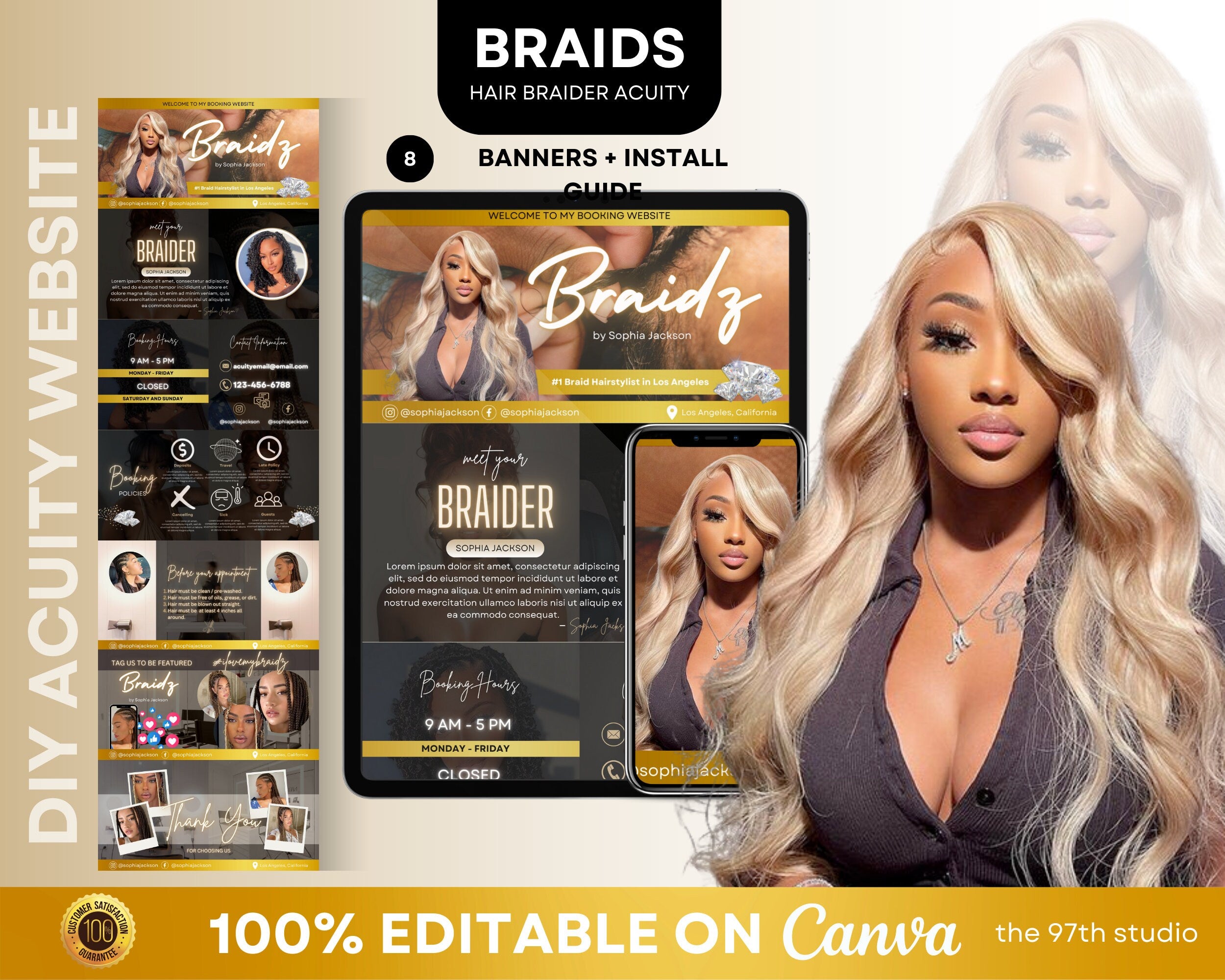 Acuity Scheduling Template BRAIDER, Hair Acuity Website Template, Acuity Website Banner, Editable Acuity Booking Template,Web Banner, Luxury