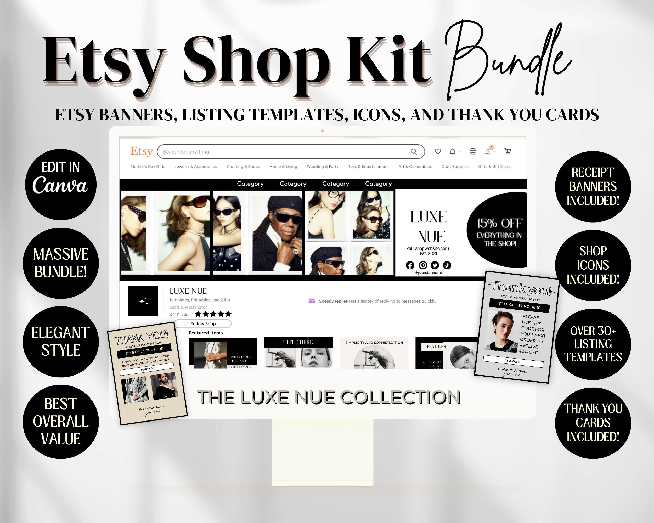 Etsy Shop Kit Canva, Branding and Logo Kit Modern Black and White, Etsy Shop Banner, Etsy Listing Photos, Fashion Etsy Shop Branding Bundle