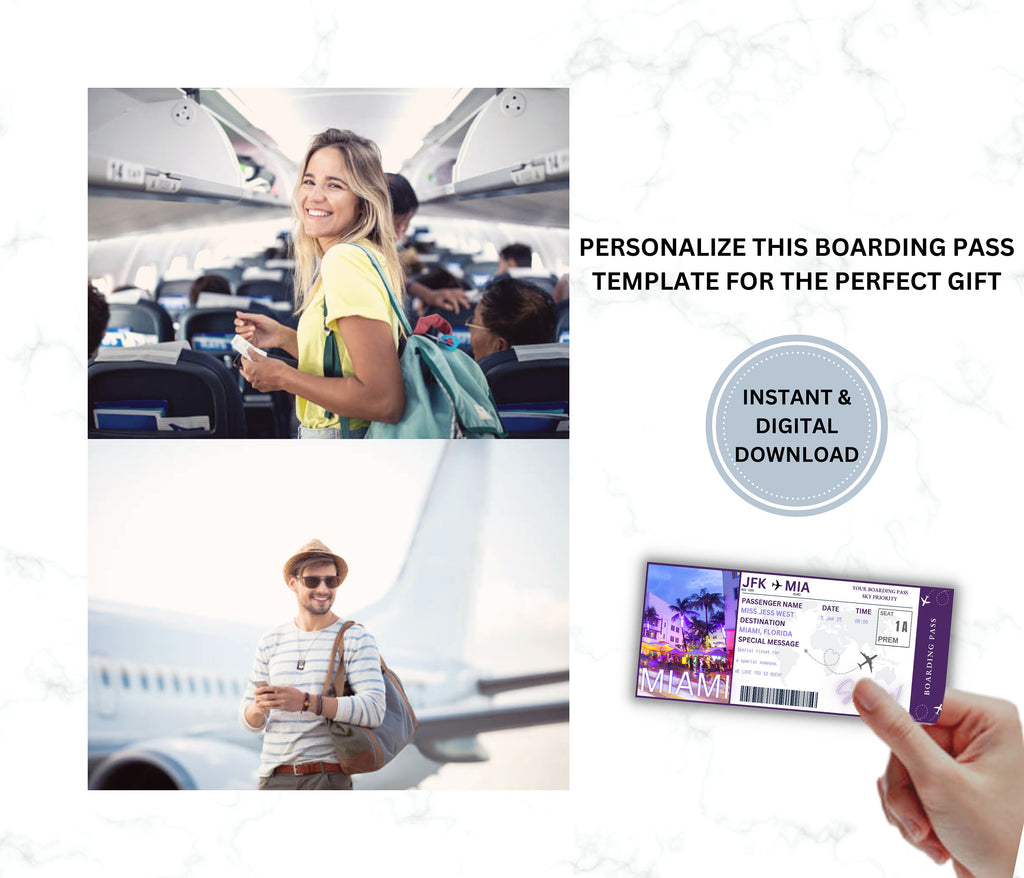 Editable Miami Boarding Pass Template, Surprise Vacation Gift (DIY Canva)