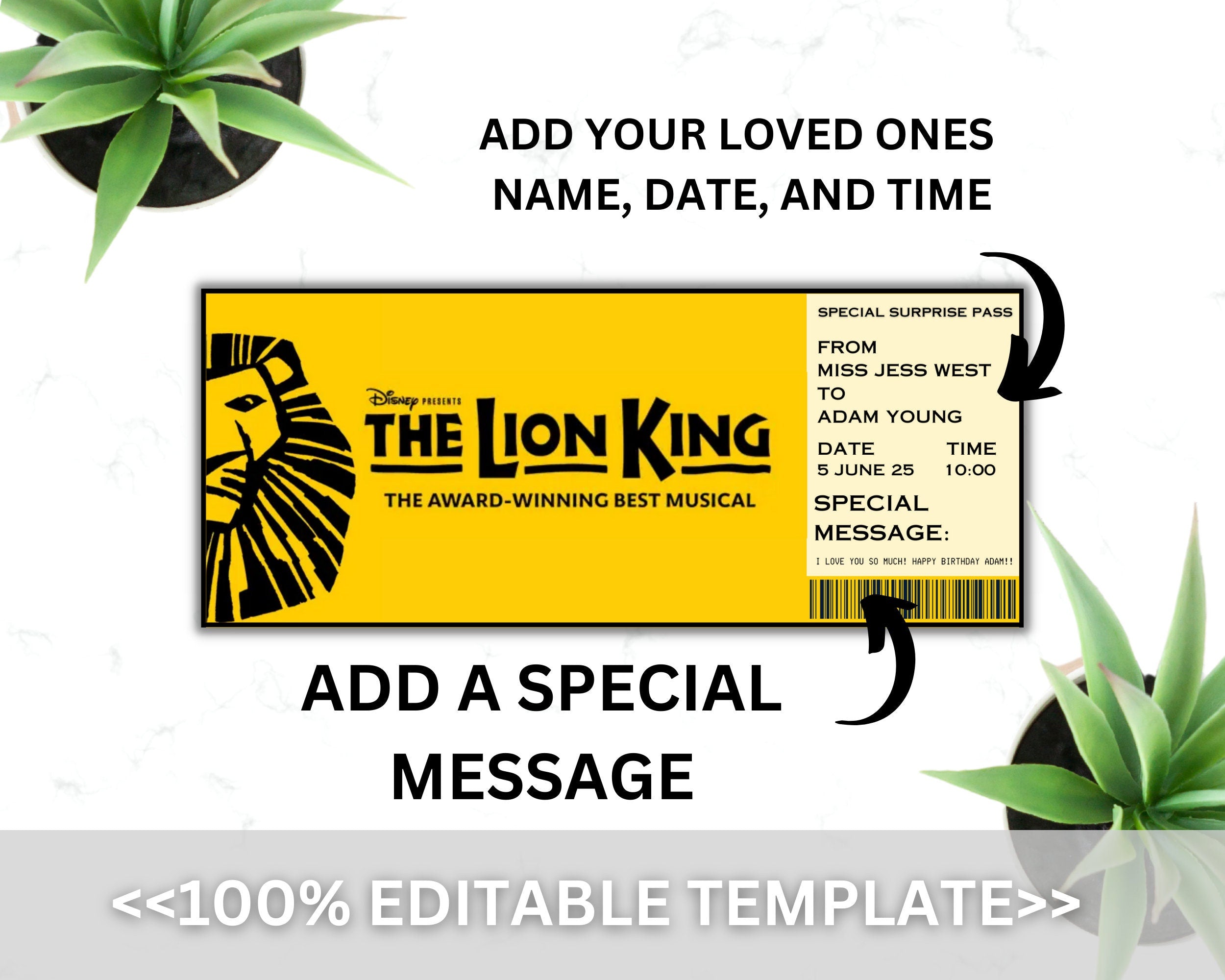 EDITABLE LION KING Broadway Surprise Ticket,Musical Collectible Theater Ticket, Lion King Editable Musical Theatre Event Souvenir Ticket