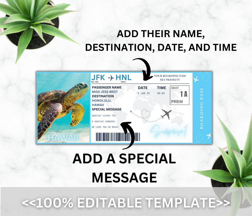 Editable Hawaii Boarding Pass Template, Surprise Vacation (Digital Download)