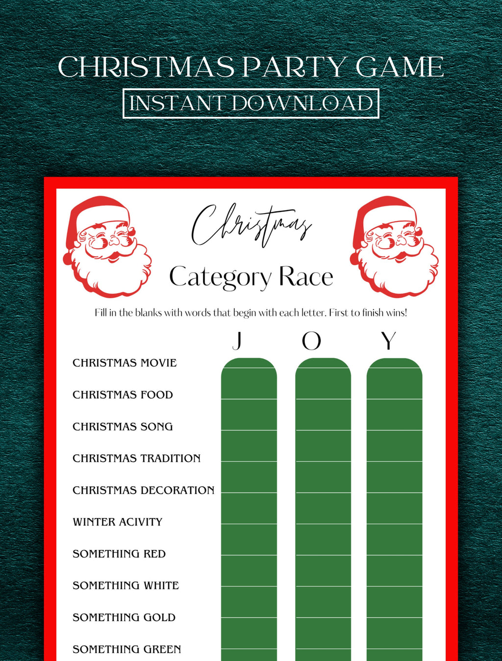 Christmas Category Race Game | Office Christmas Party Game | Christmas Family Game | Printable Christmas Game |Games for Kids |Party Game