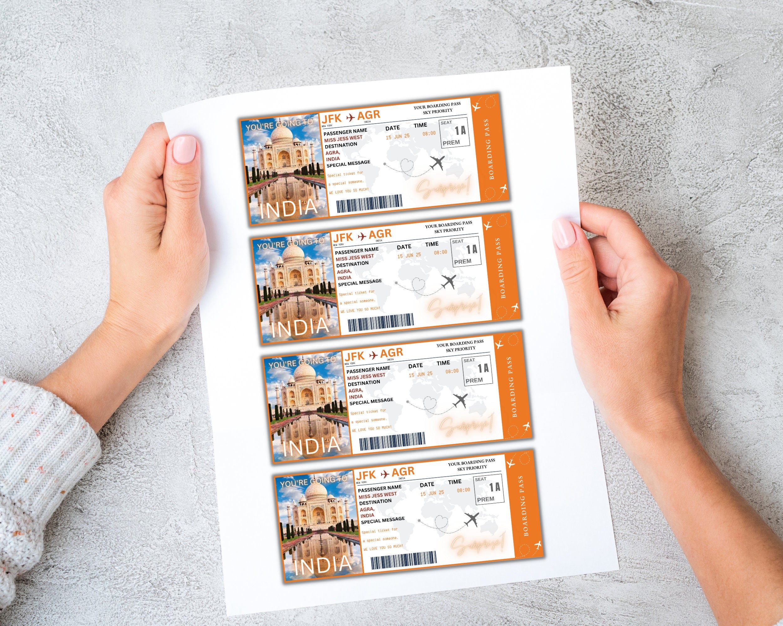 EDITABLE India Surprise Boarding Ticket Template Pass,India Canva Boarding Pass,Plane Ticket to Ride Vacation Trip Flight Gift Coupon Vol. 1
