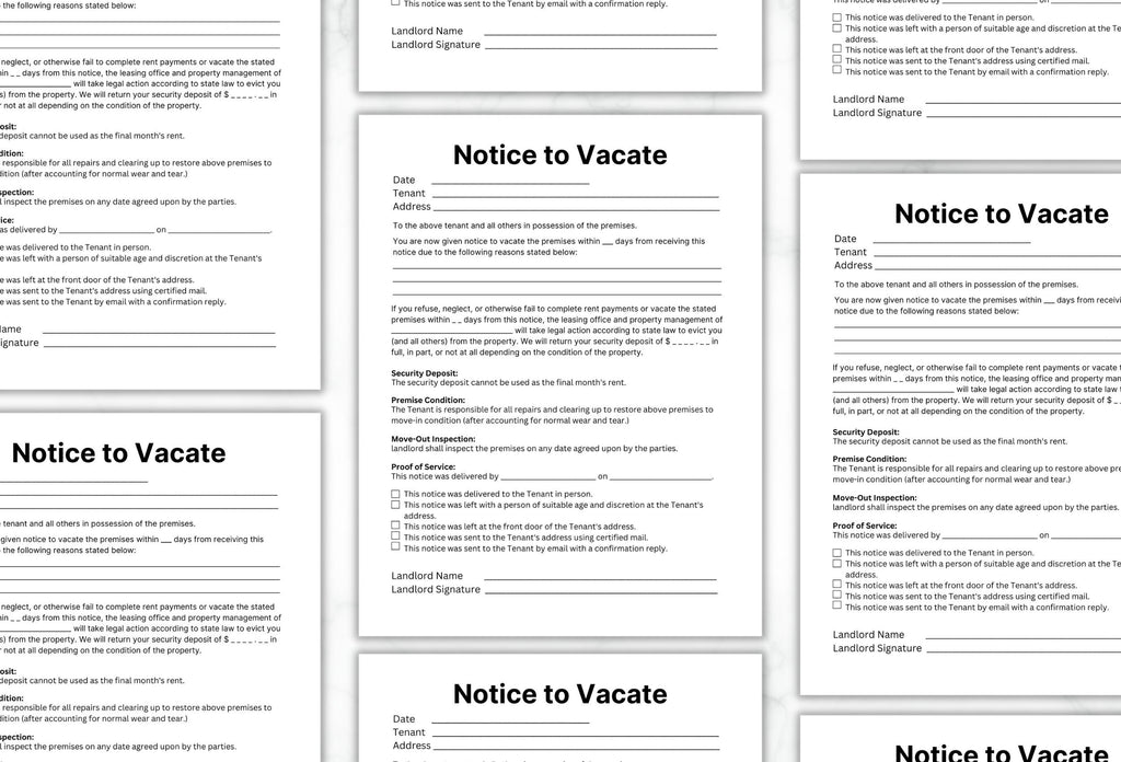 Notice to Vacate Template, Eviction Letter, Landlord Forms (PDF)