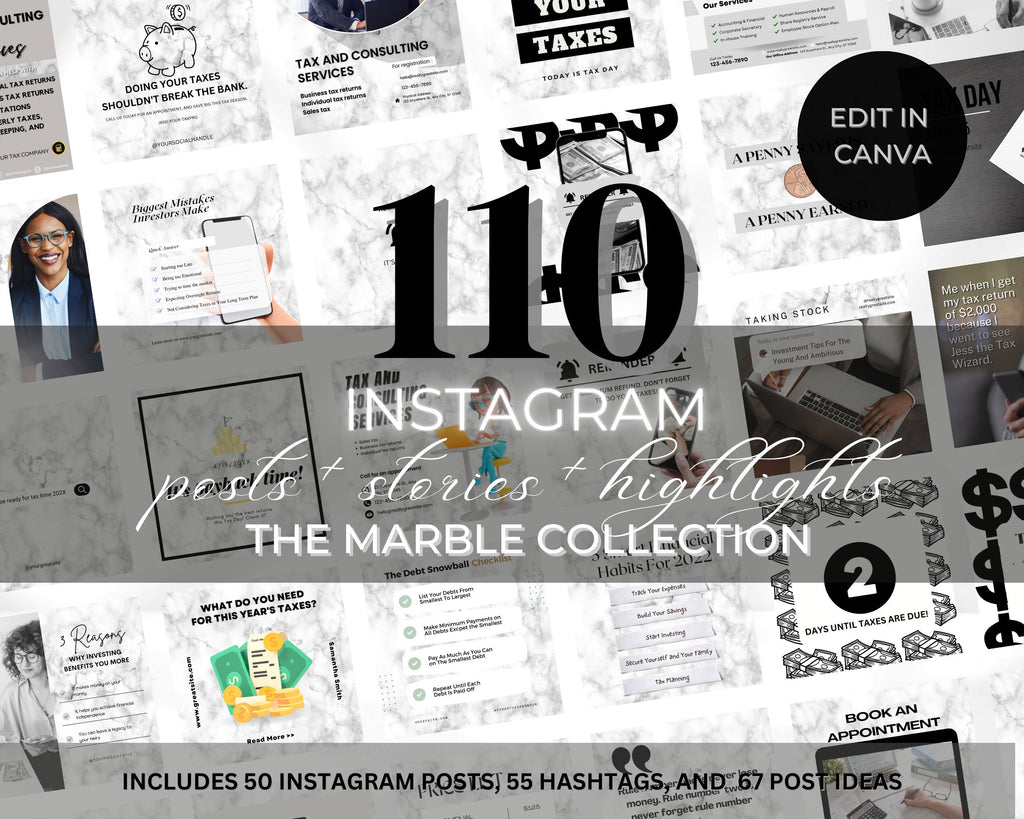 Tax Preparer Instagram Template, Marble Social Media Bundle (Canva)