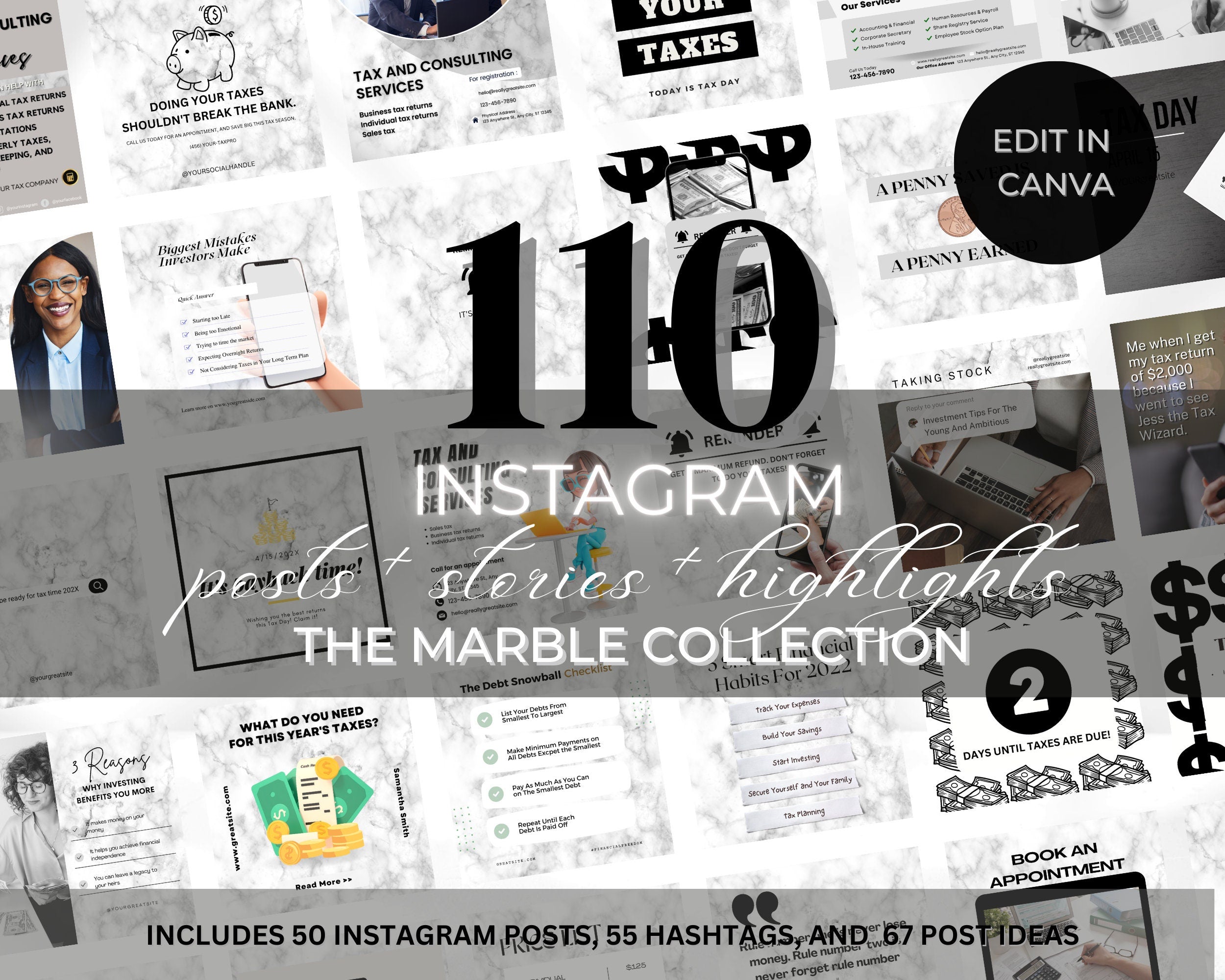 Tax Preparer Instagram Template, Marble Social Media Bundle (Canva)
