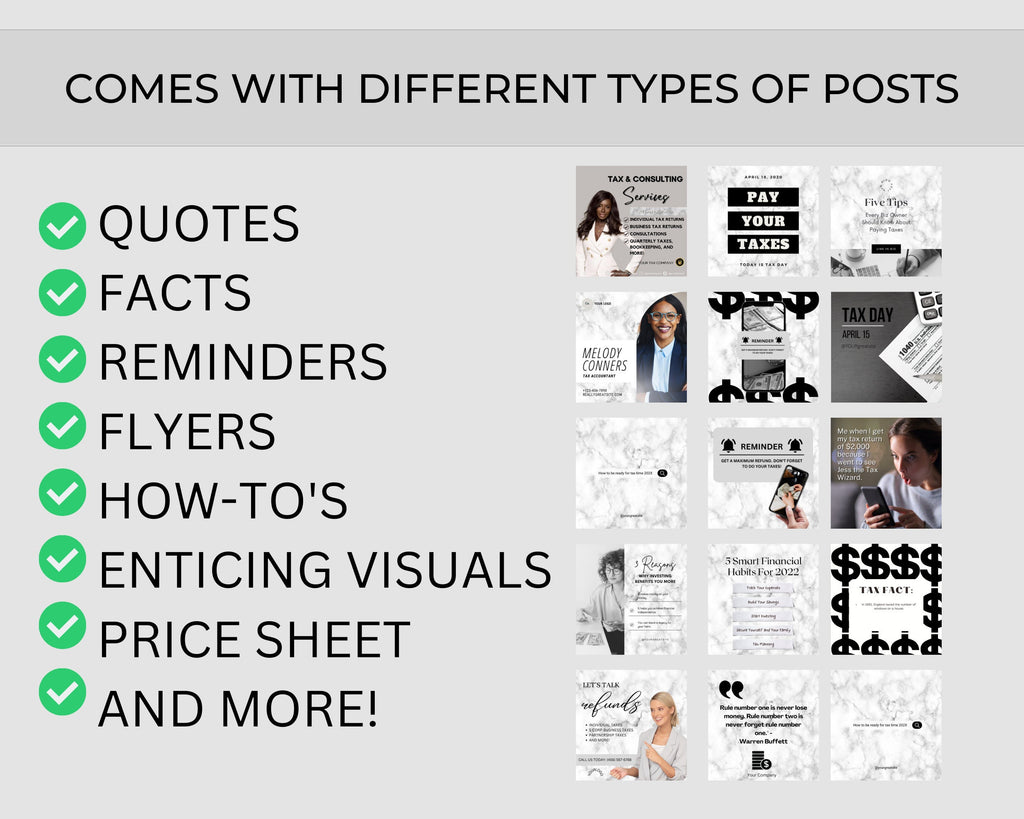 Tax Preparer Instagram Template, Marble Social Media Bundle (Canva)