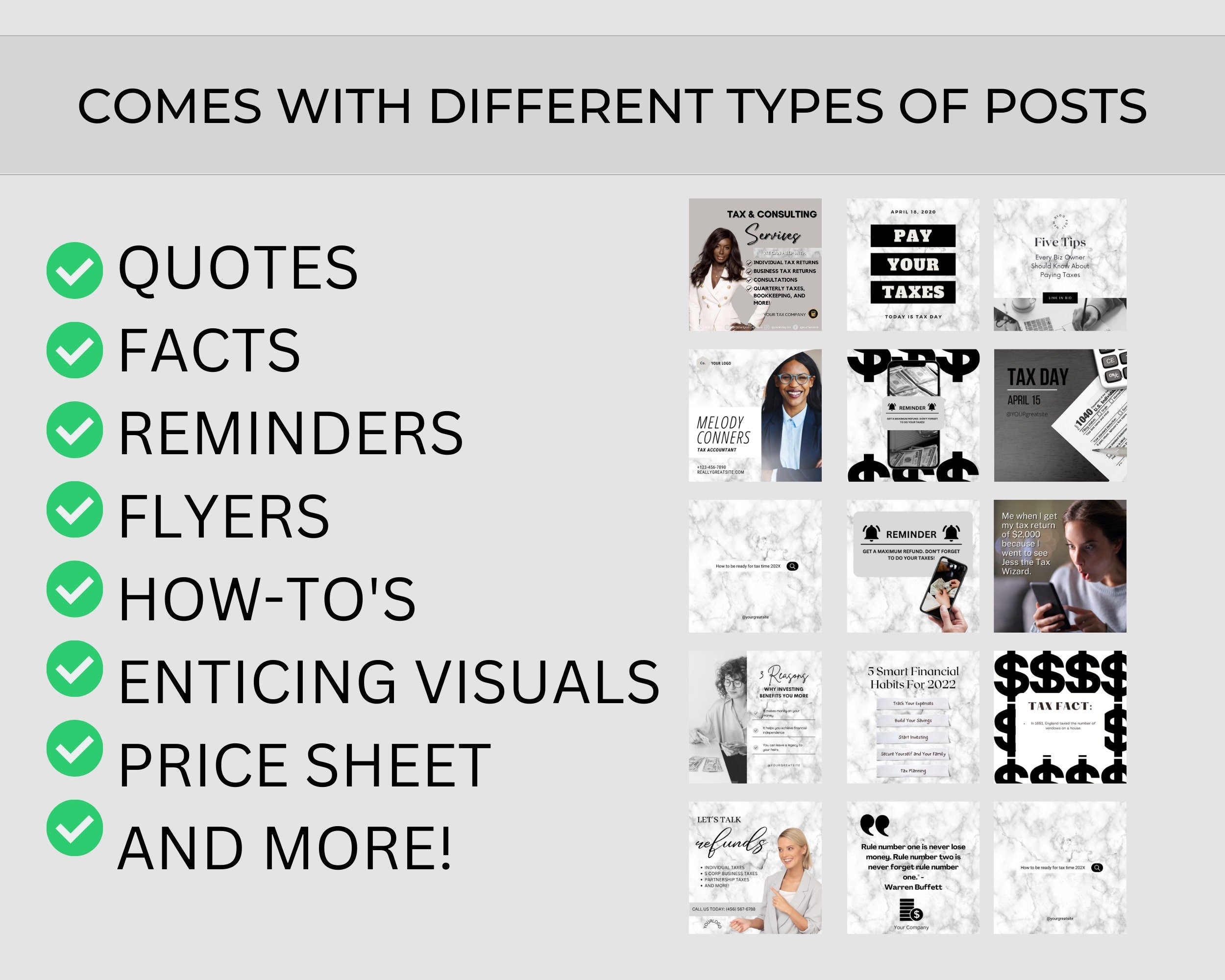 Tax Preparer Instagram Template, Marble Social Media Bundle (Canva)