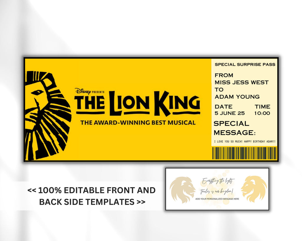 EDITABLE LION KING Broadway Surprise Ticket,Musical Collectible Theater Ticket, Lion King Editable Musical Theatre Event Souvenir Ticket