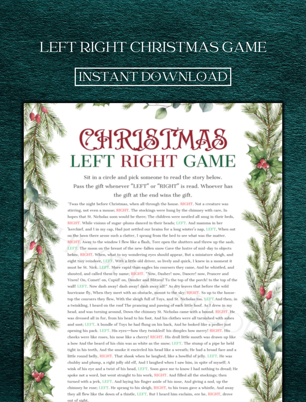 Christmas Pass the Gift Game | Office Christmas Party Game | Christmas Family Game | Printable Christmas Game | Left Right Game Printable