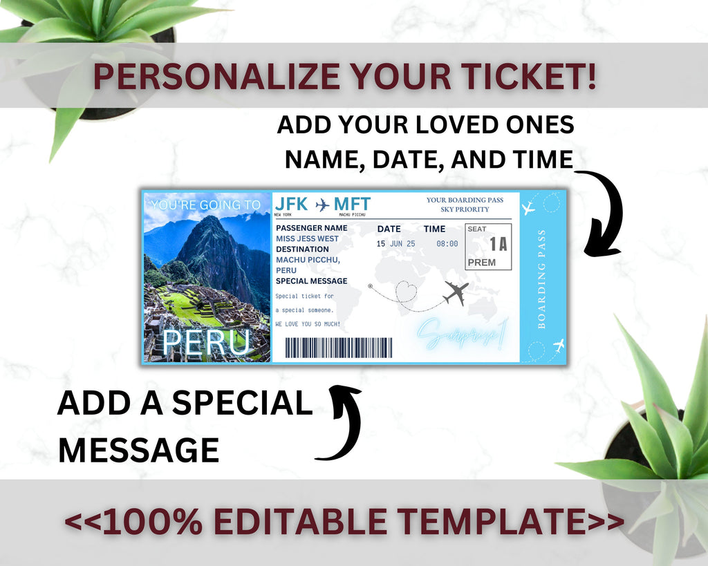 EDITABLE Peru Surprise Boarding Ticket Template Pass, Peru Canva Boarding Pass, Plane Ticket to Ride Vacation Trip Flight Gift Coupon Vol. 1