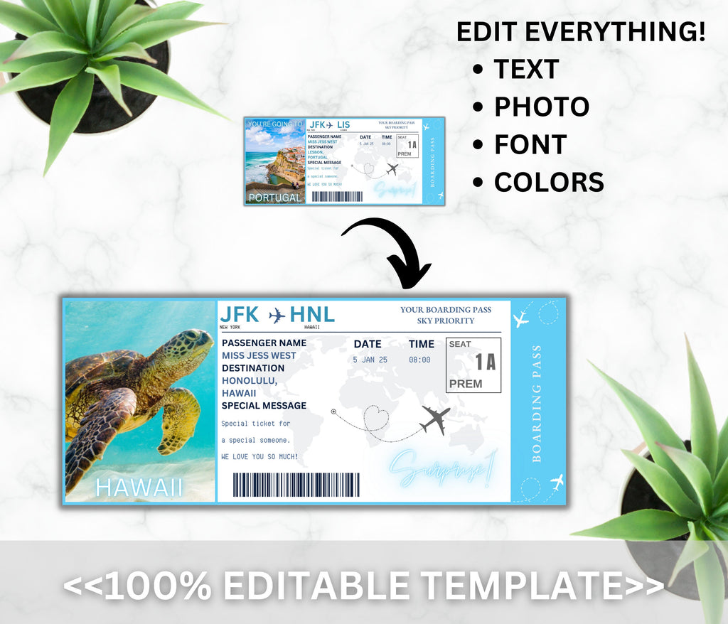 EDITABLE Surprise Portugal Boarding Ticket Template, Canva Airplane Boarding Pass, Ticket Vacation Flight Gift Fake Ticket Canva Template