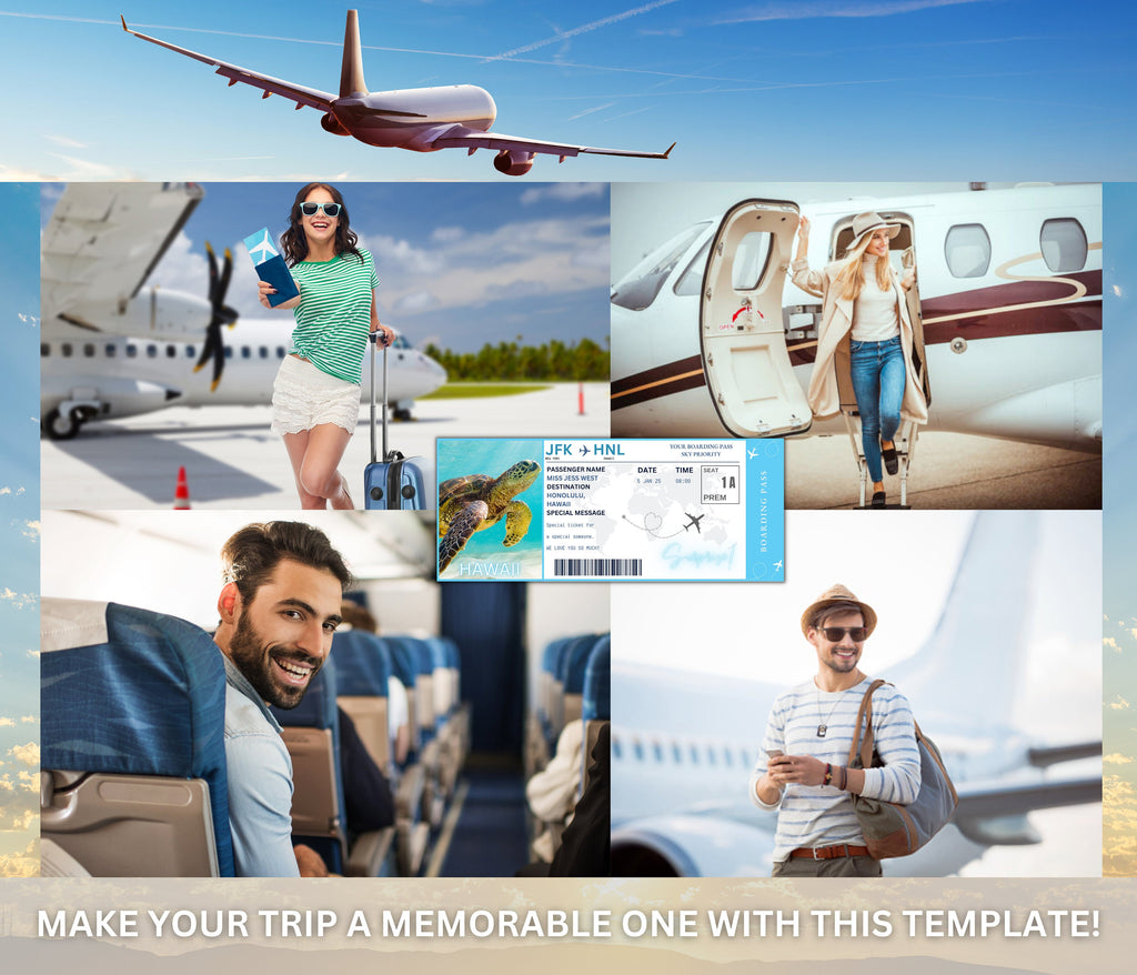 Editable Hawaii Boarding Pass Template, Surprise Vacation (Digital Download)