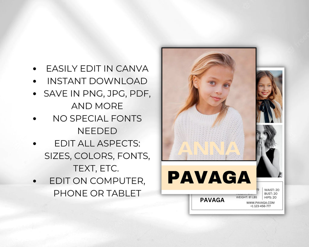 KIDS COMP CARD Template,Modeling Photo Card,Zed Card for Kid Models,Z Card,Fashion Resume, Model Comp Card for Kids,Editable Canva Template