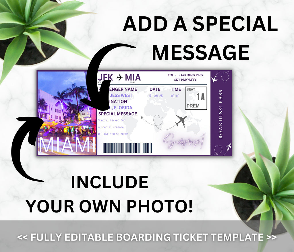 Editable Miami Boarding Pass Template, Surprise Vacation Gift (DIY Canva)